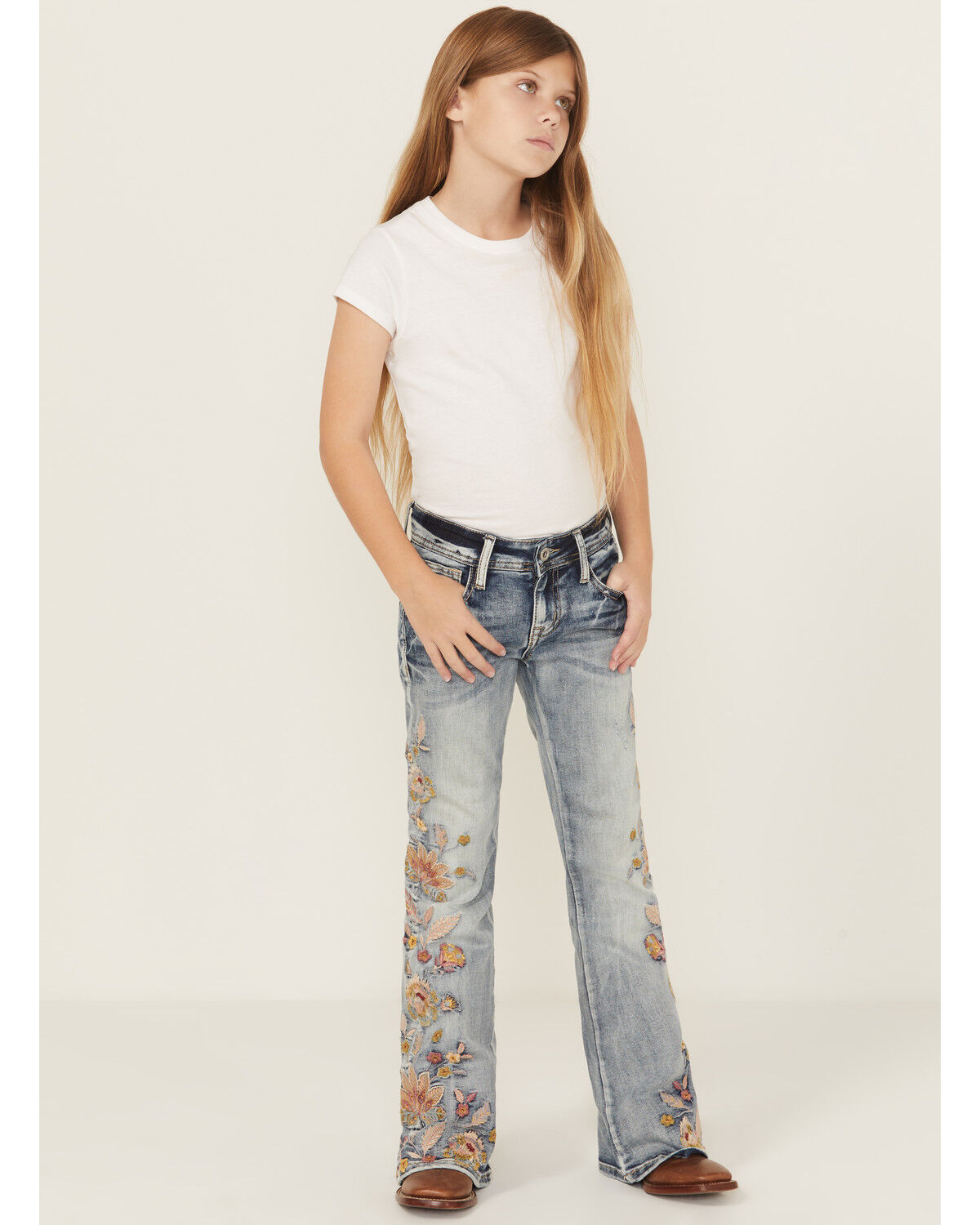 Grace in LA Girls' Light Wash Floral Embroidered Flare Denim Jeans