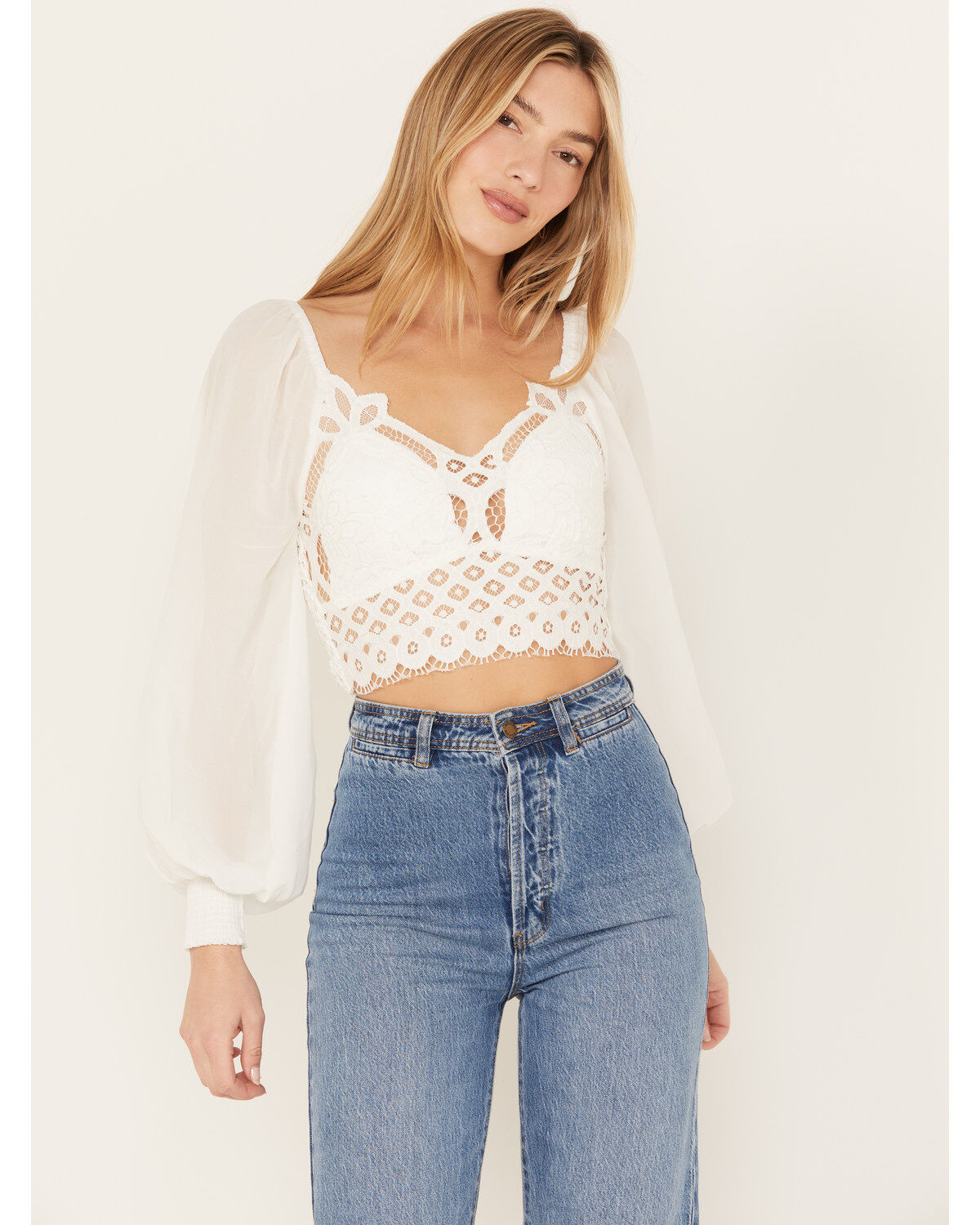 Flying Tomato Women's Crochet Front Long Sleeve Top