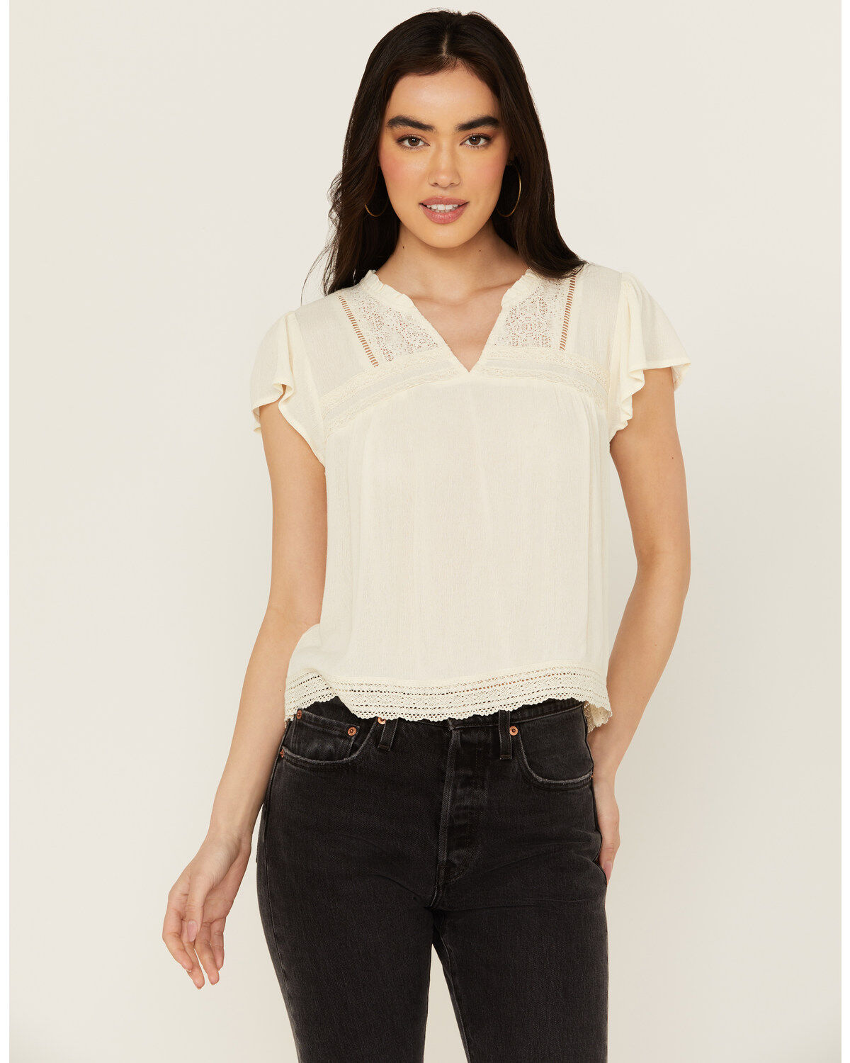Jolt Women's Lace Trim Flutter Short Sleeve Top
