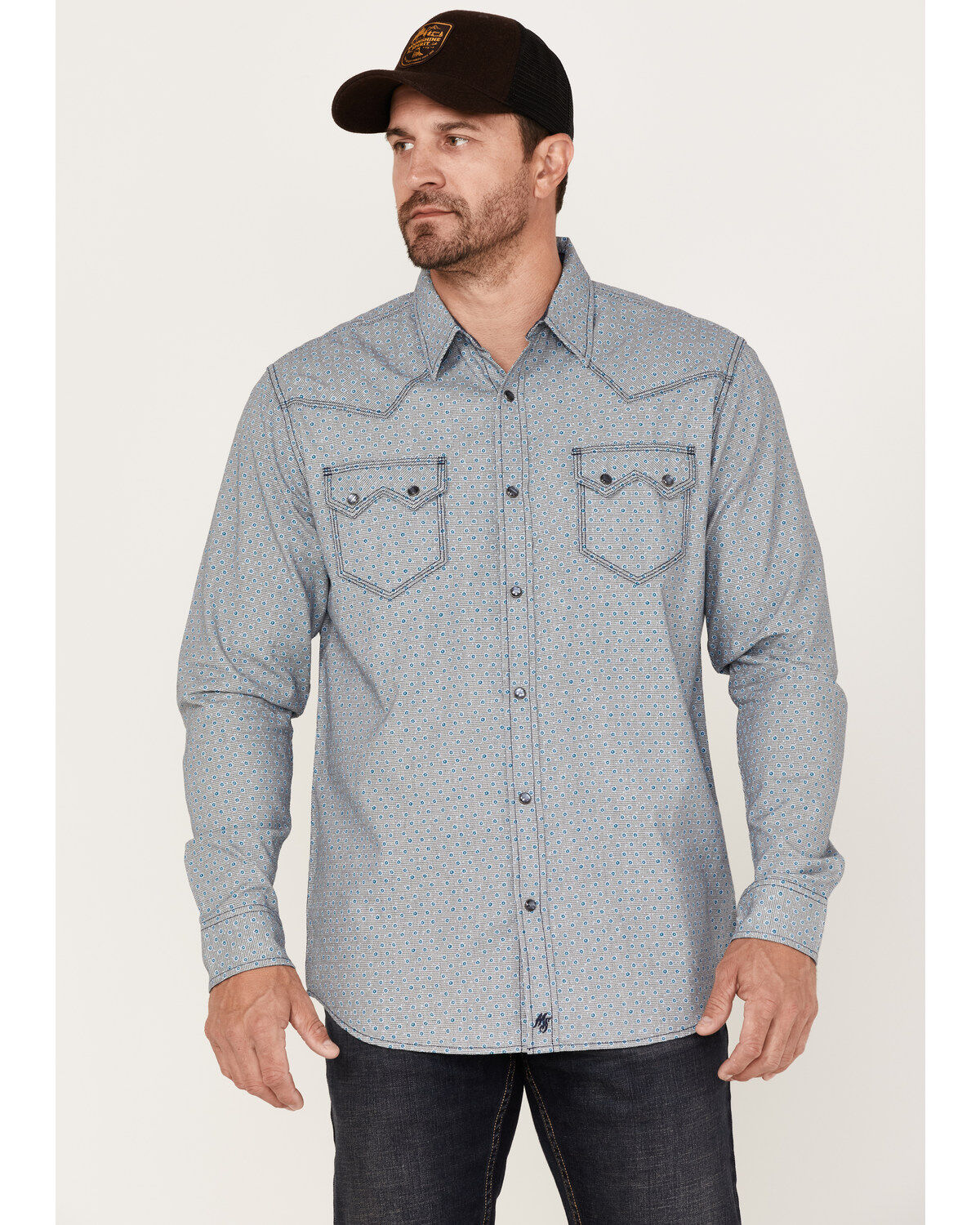 Moonshine Spirit Men's Bull Eye Floral Plaid Print Long Sleeve Pearl Snap Western Shirt