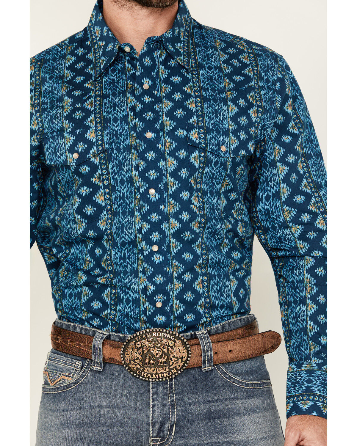 Wrangler Men's Checotah Southwestern Striped Long Sleeve Pearl Snap Western Shirt - Big