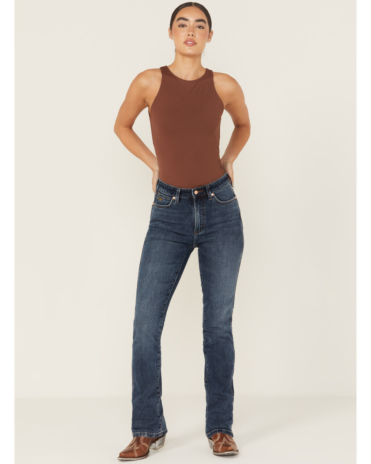 Wrangler X Lainey Wilson Women's Baskin Dark Wash High Rise Boot Hugger Bootcut Stretch Denim Jeans