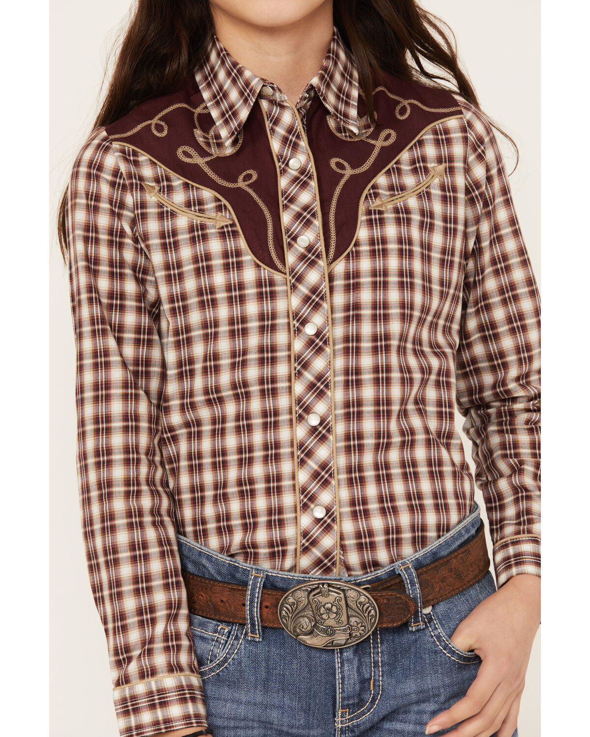 Roper Girls' Plaid Print Long Sleeve Pearl Snap Western Shirt