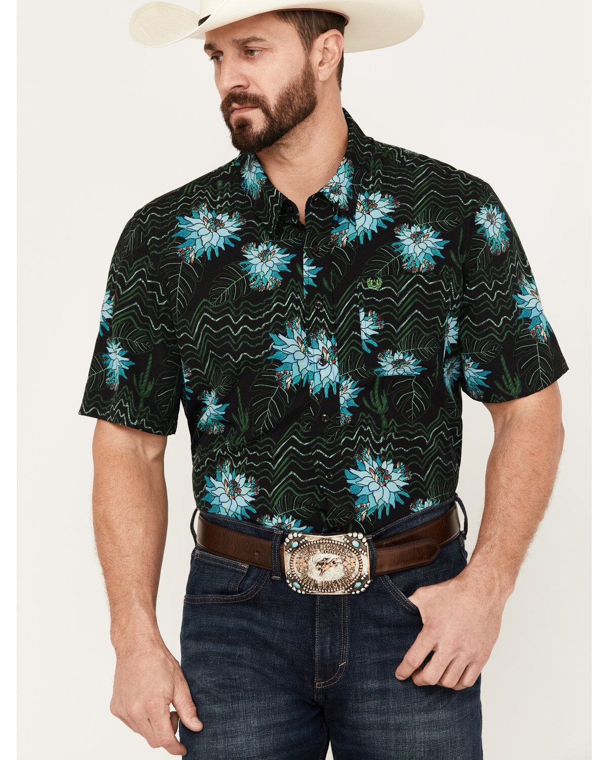Panhandle Men's Tropical Print Short Sleeve Snap Stretch Western Shirt