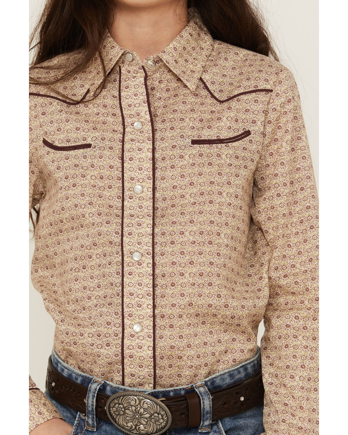 Roper Girls' Floral Print Long Sleeve Western Pearl Snap Shirt