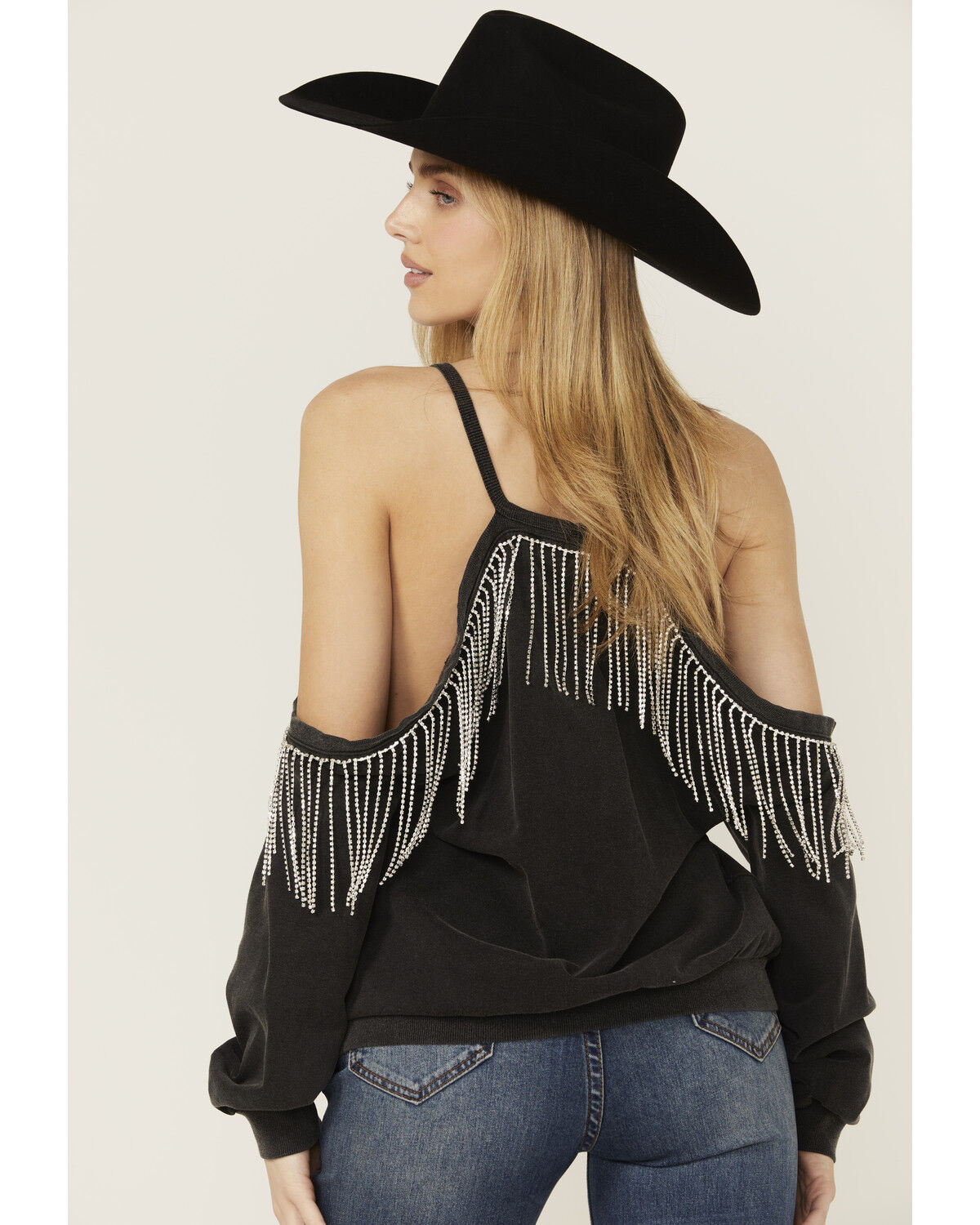 Blue B Women's Rhinestone Fringe Cold Shoulder Sweatshirt