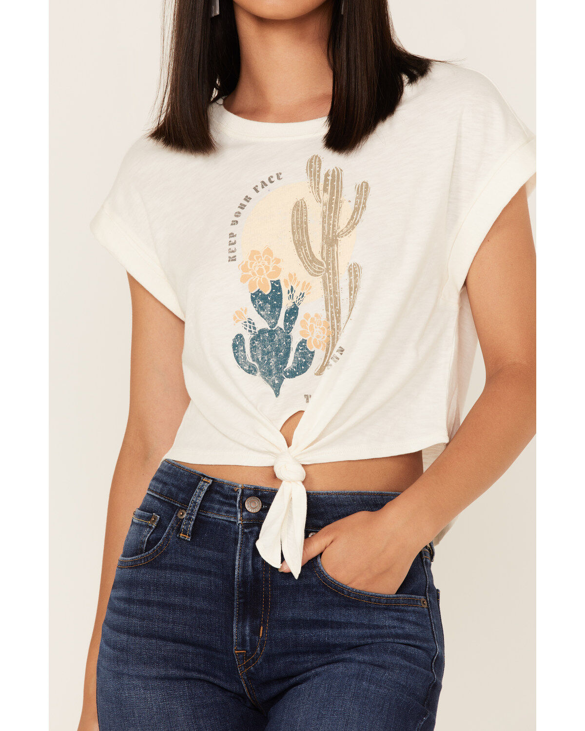 Shyanne Women's Desert Sun Cactus Graphic Tie Front Tee