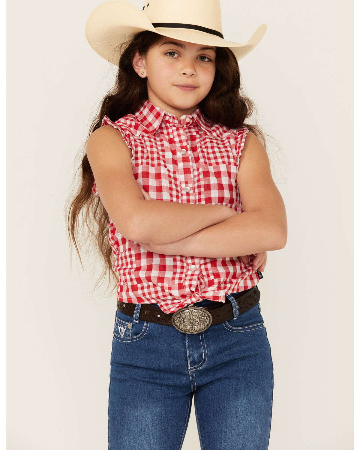 Wrangler Girls' Plaid Print Tie Front Sleeveless Snap Western Shirt