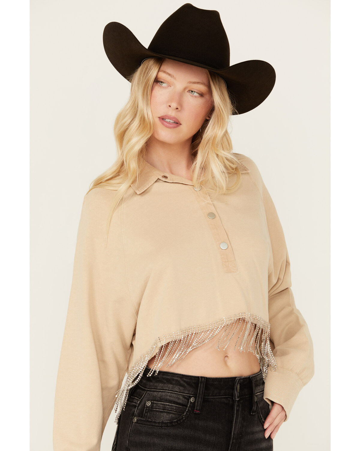 Blue B Women's Rhinestone Fringe Long Sleeve Cropped Henley Shirt