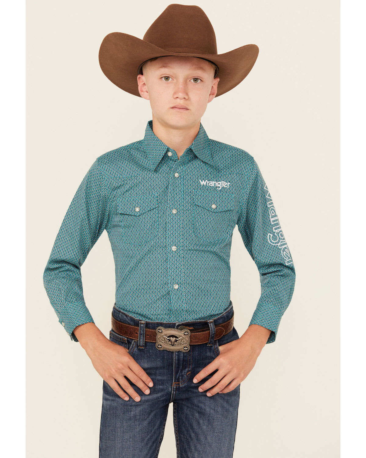 Wrangler Boys' Logo Sleeve Printed Long Sleeve Snap Western Shirt