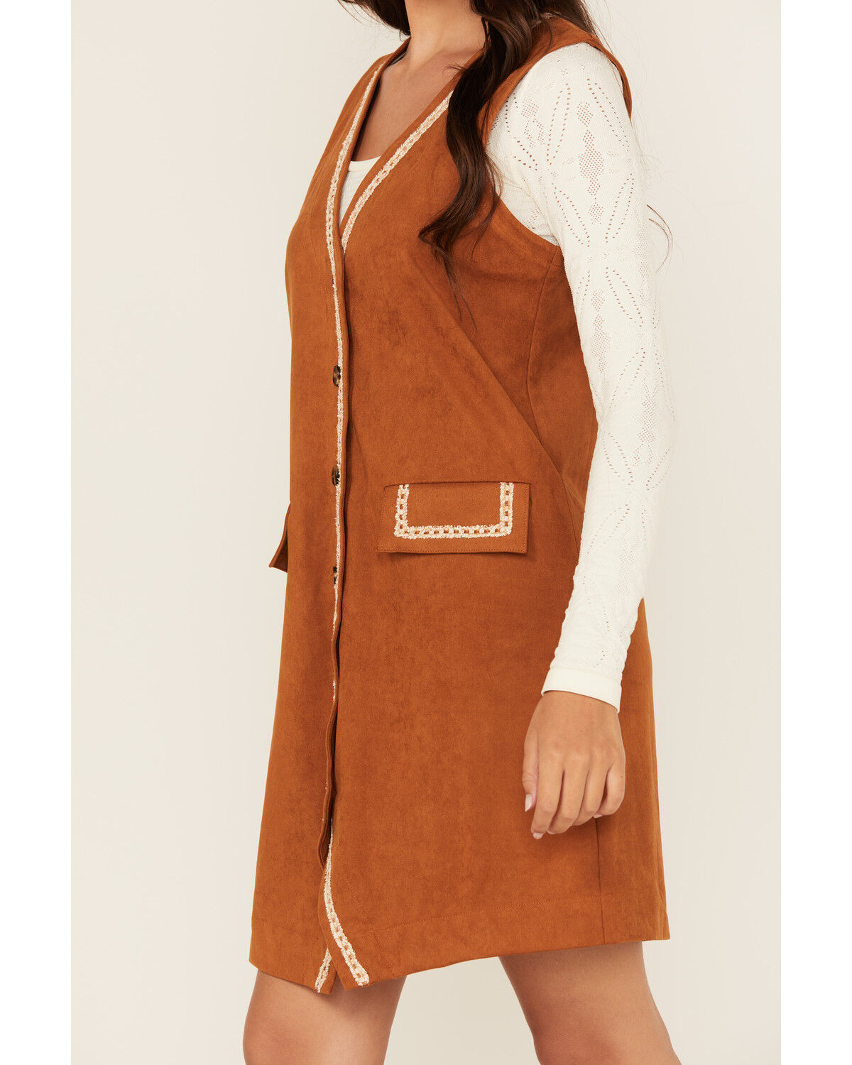 Miss Me Women's Embroidered Faux Suede Sleeveless Button-Down Mini Dress