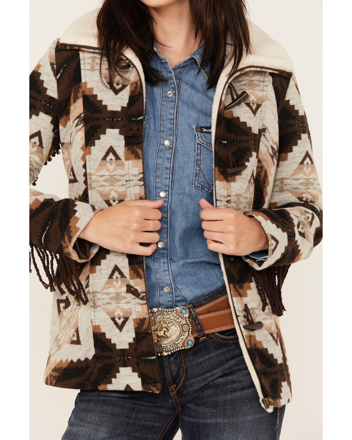 Powder River Outfitters Women's Southwestern Jacquard Fringe Coat