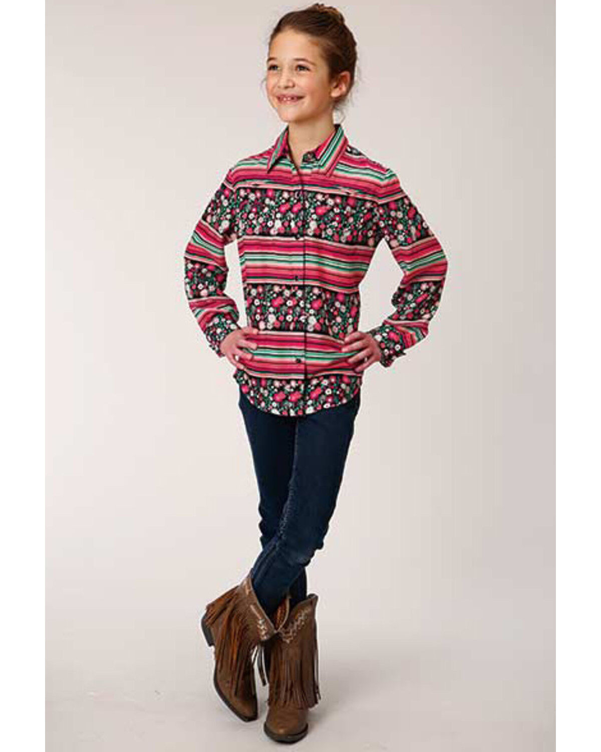 Roper Girls' Multi Floral and Stripe Long Sleeve Snap Western Shirt