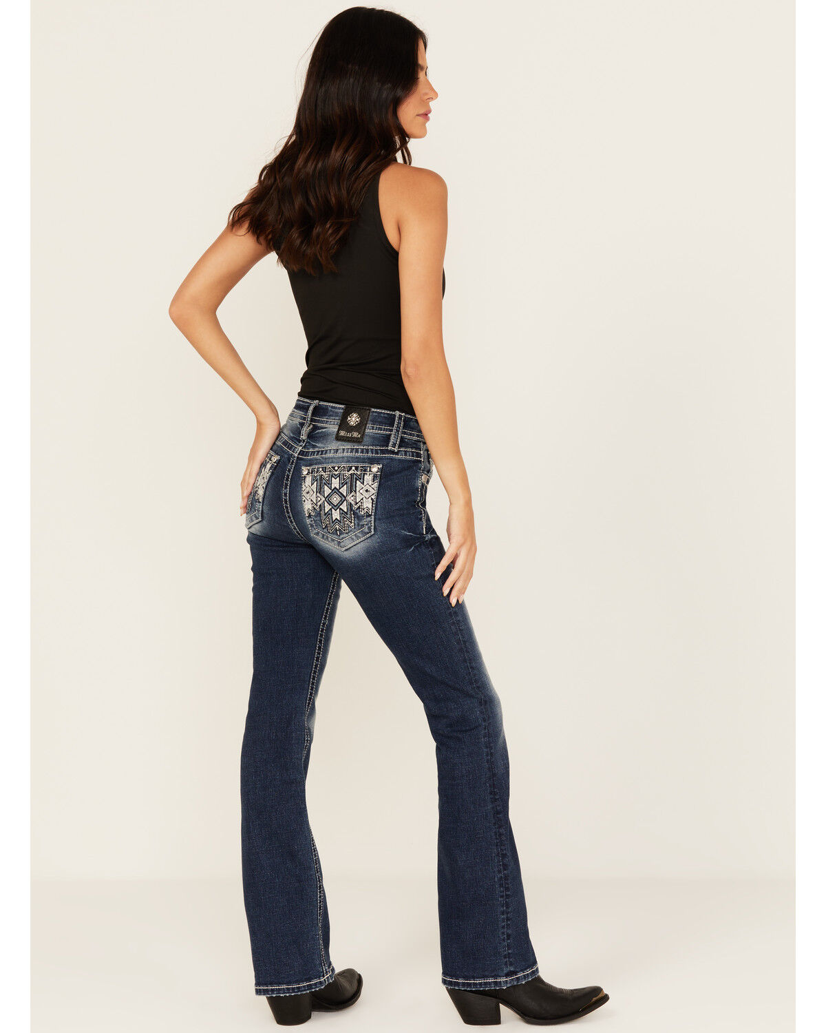Miss Me Women's Dark Wash Mid Rise Geo Pocket Bootcut Stretch Denim Jeans