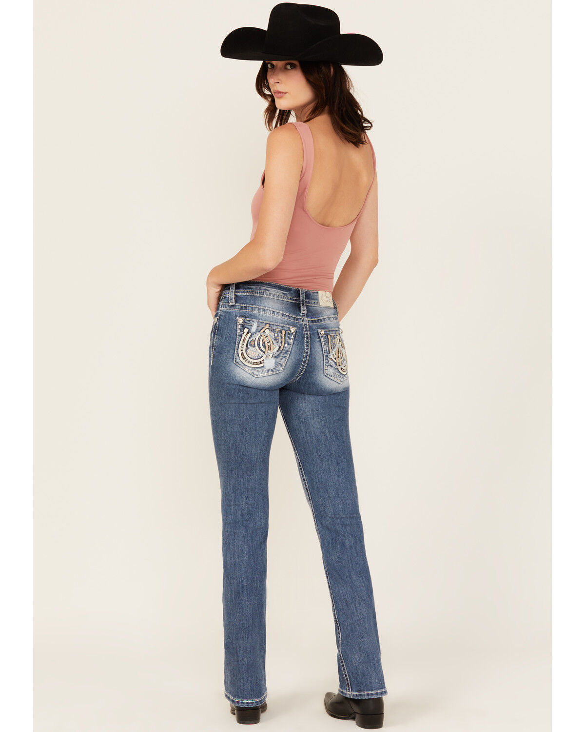 Miss Me Women's Medium Wash Mid Rise Horseshoe Pocket Bootcut Stretch Denim Jeans