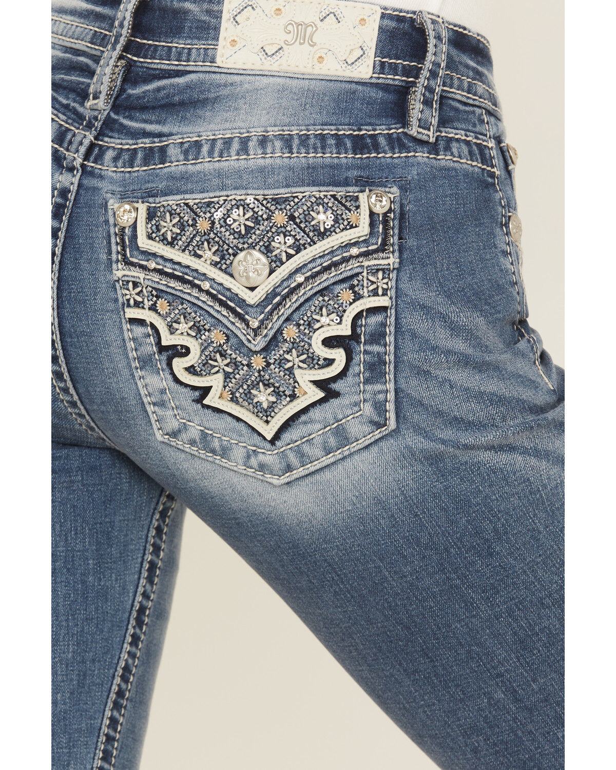 Miss Me Women's Dark Wash Mid Rise Bootcut Patchwork Flap Stretch Denim Jeans