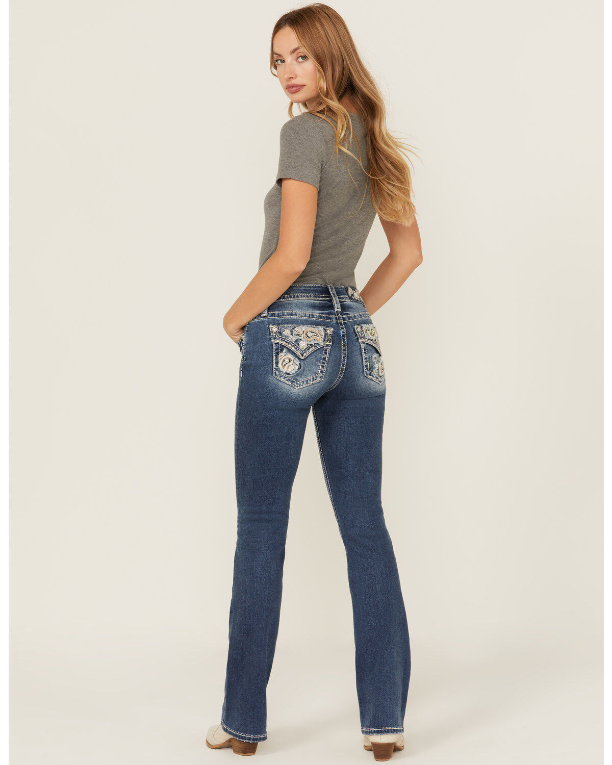 Miss Me Women's Dark Wash Mid Rise Paisley Pocket Bootcut Stretch Denim Jeans