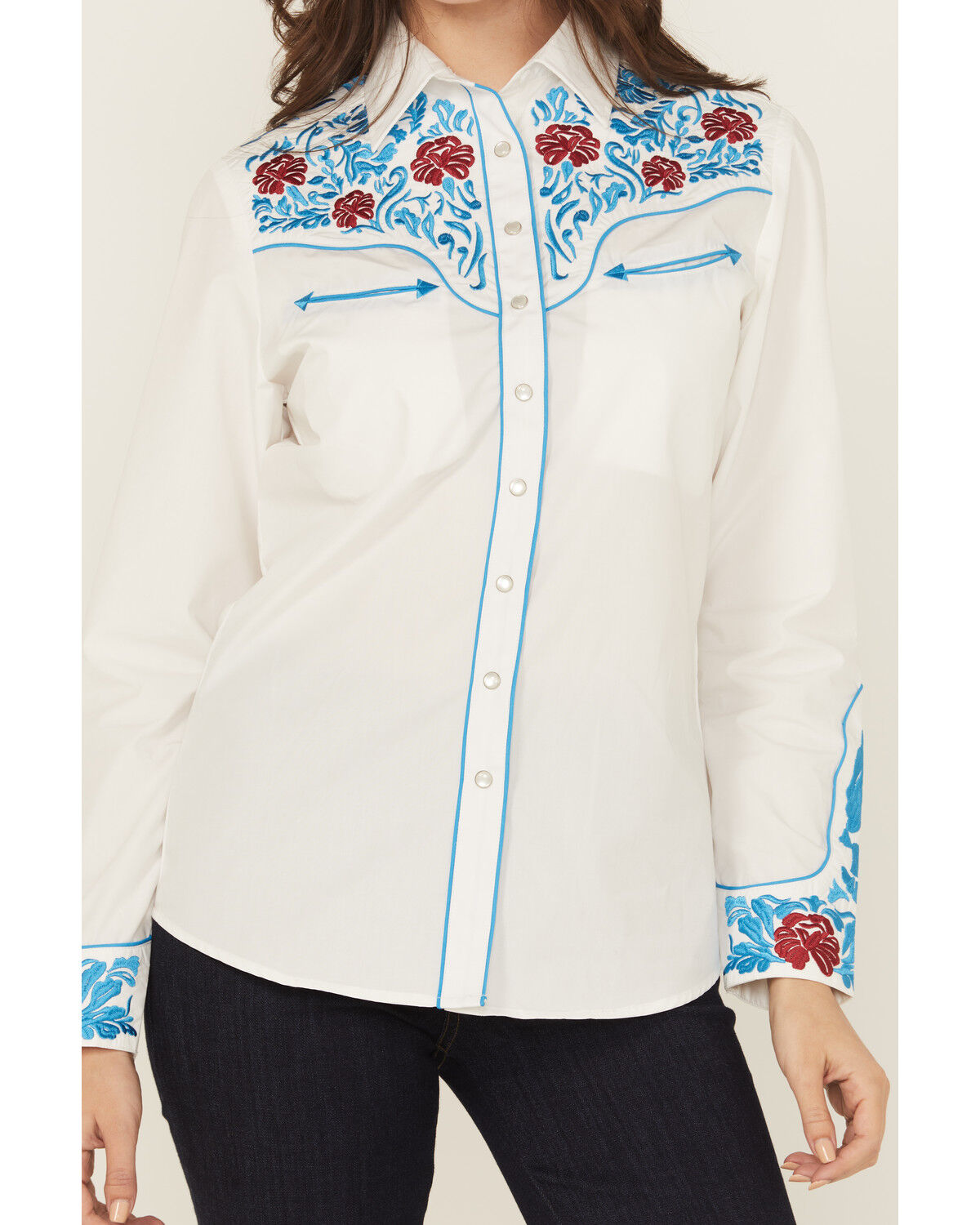 Rodeo Clothing Women's Floral Embroidered Long Sleeve Snap Stretch Western Shirt