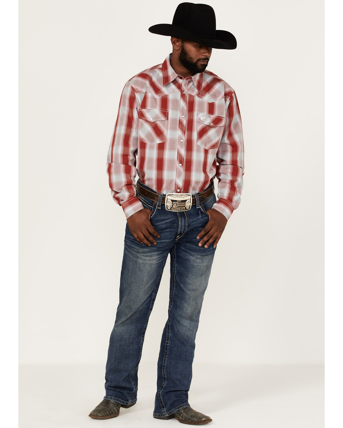 Cowboy Hardware Men's Burgundy Hombre Plaid Long Sleeve Pearl Snap Western Shirt