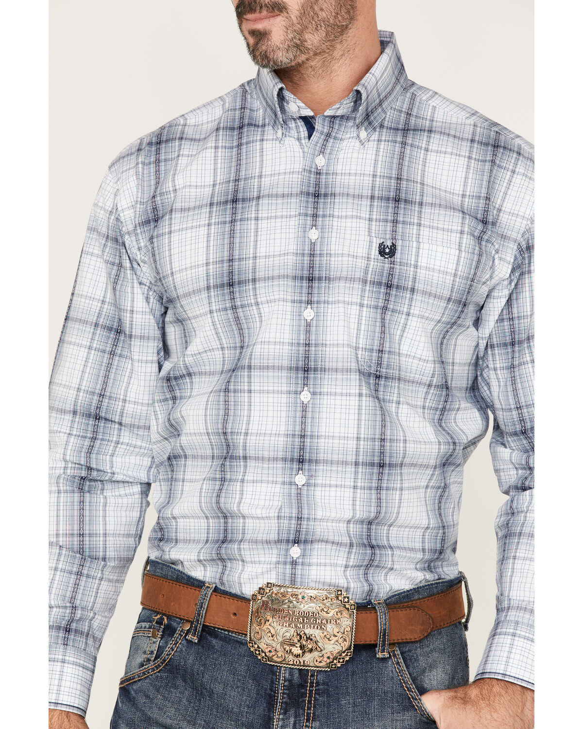 Rough Stock by Panhandle Men's Dobby Plaid Print Long Sleeve Button Down Shirt