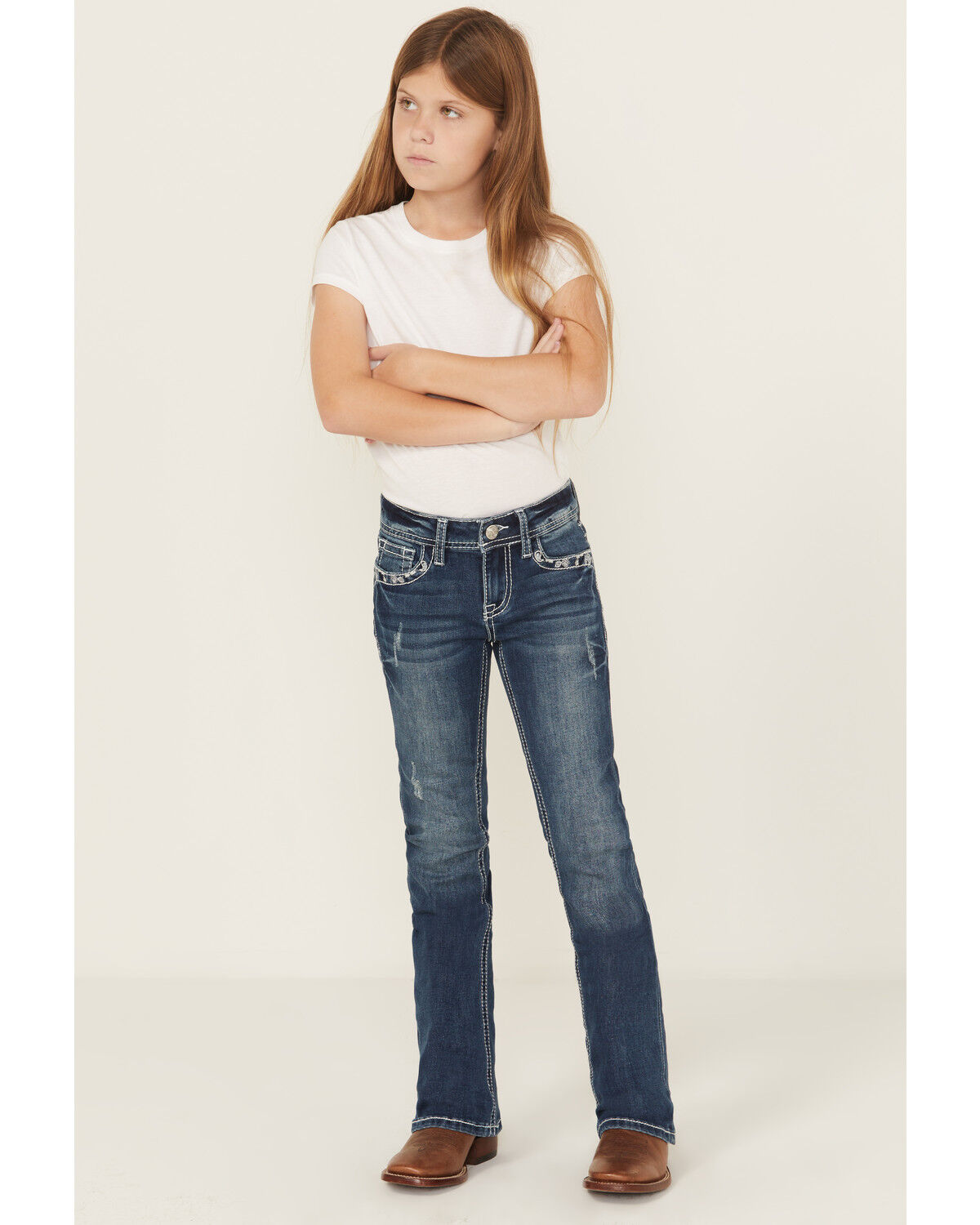 Grace In LA Girls' Paisley Embroidered Medium Wash Bootcut Stretch Denim Jeans