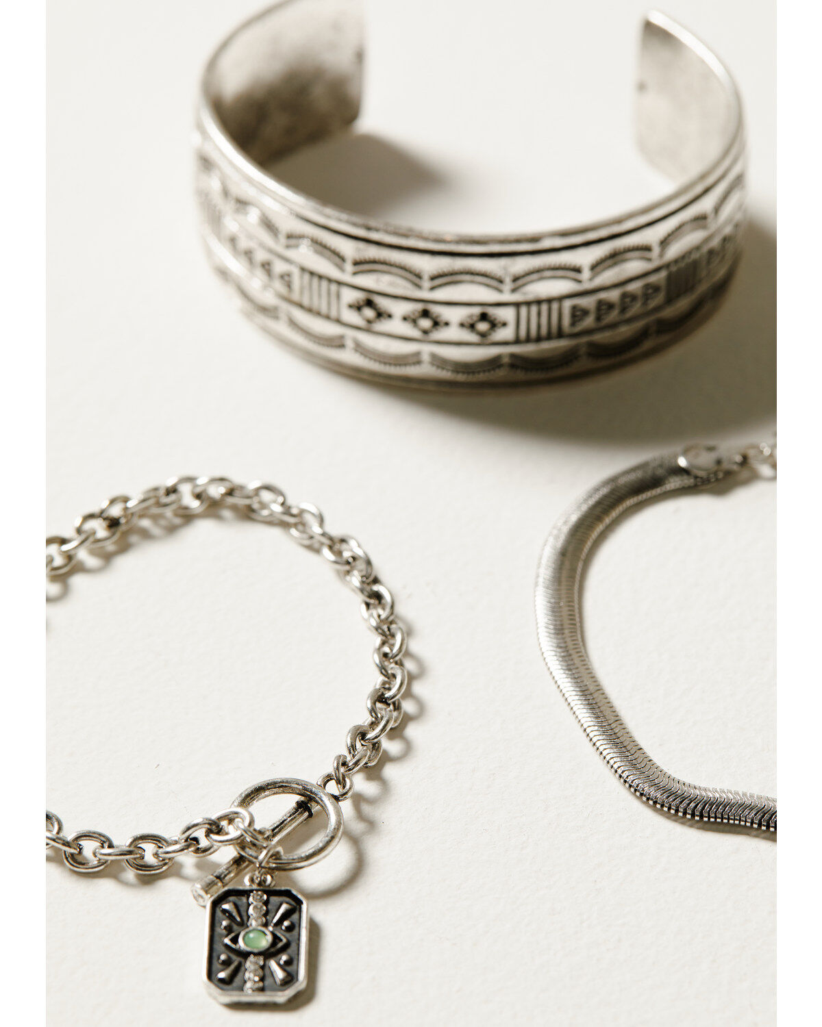Shyanne Women's 3-Piece Silver Wide Cuff Chain & Evil Eye Charm Bracelet Set