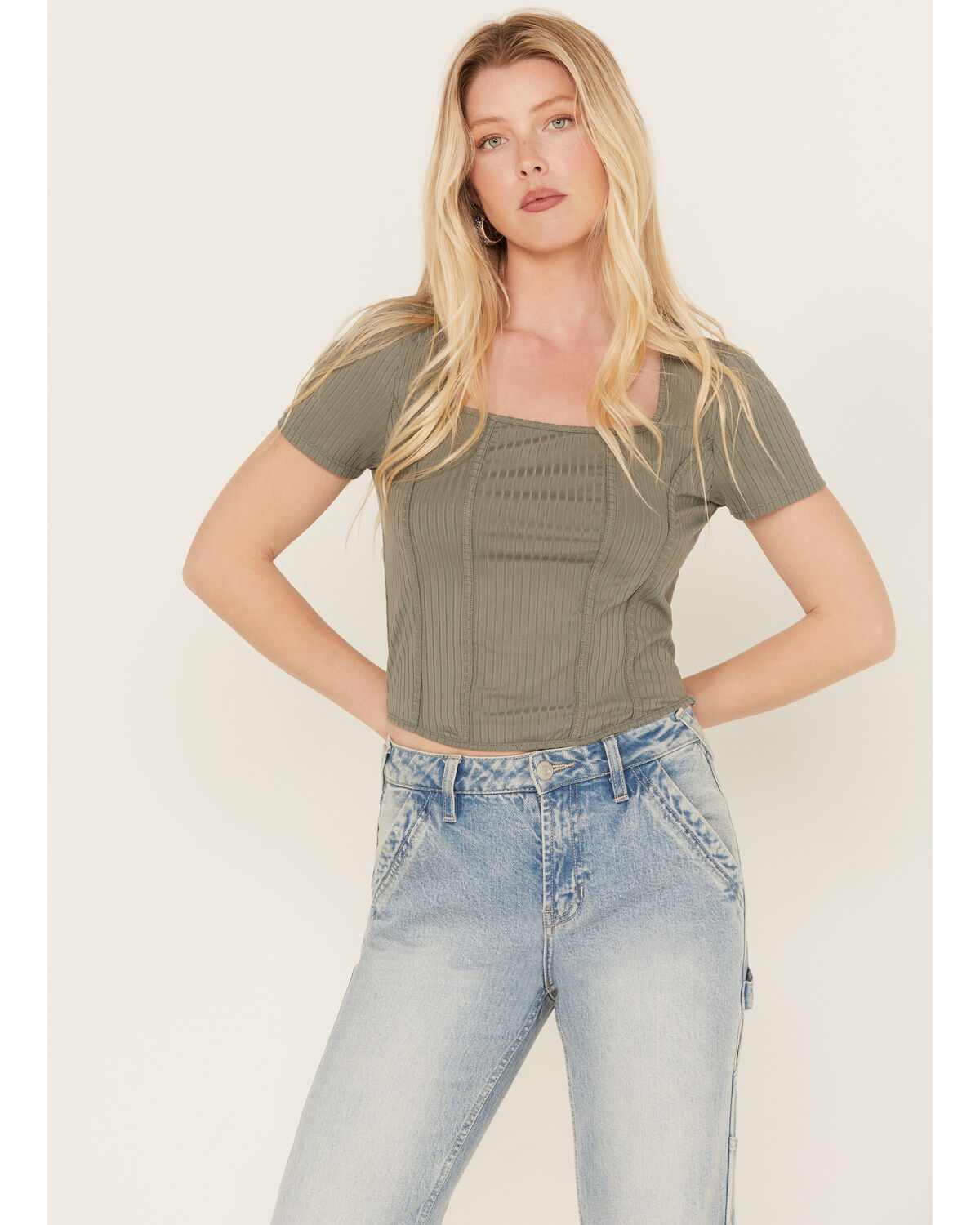 Moa Moa Women's Ribbed Corset Style Short Sleeve Top