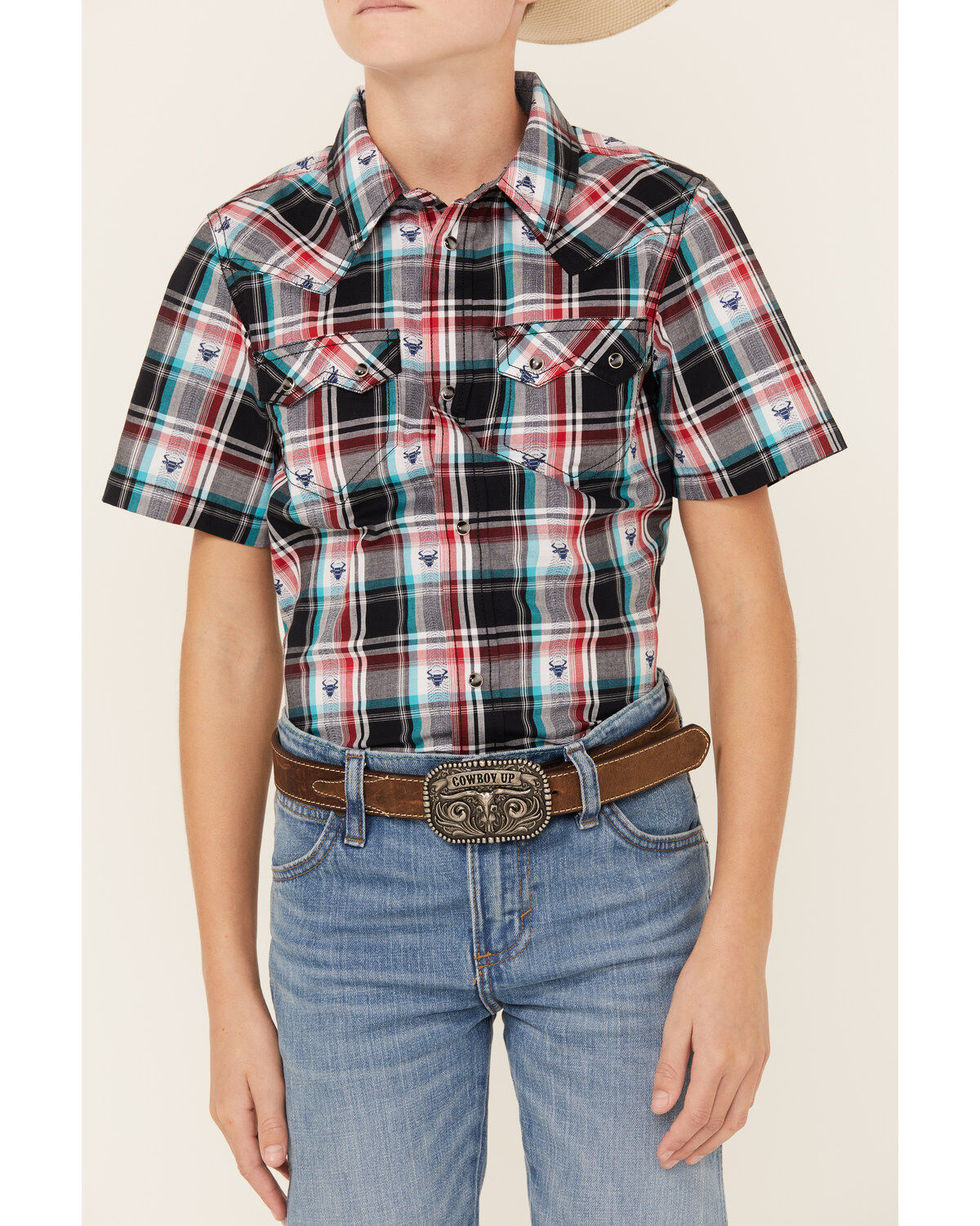 Cody James Boys' Steerhead Plaid Print Short Sleeve Snap Western Shirt