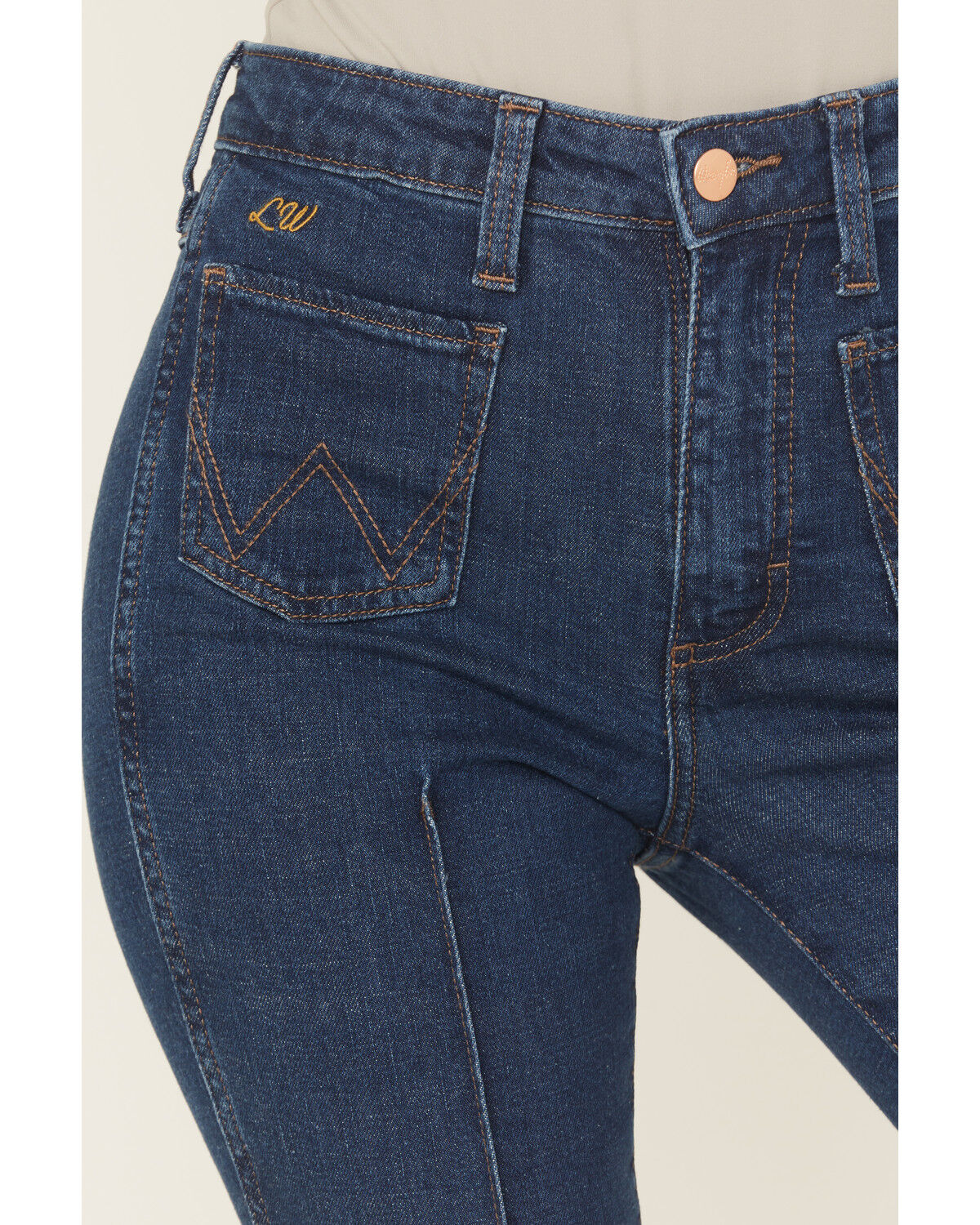 Wrangler X Lainey Wilson Women's Dark Wash High Rise Moonlight Bare Back Pintuck Flare Stretch Denim Jeans