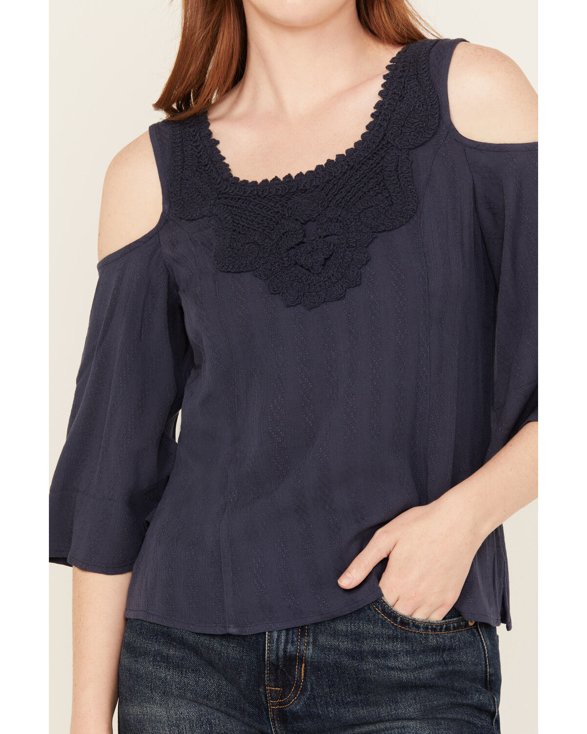 Shyanne Women's Solid Crochet Cold Shoulder Long Sleeve Shirt