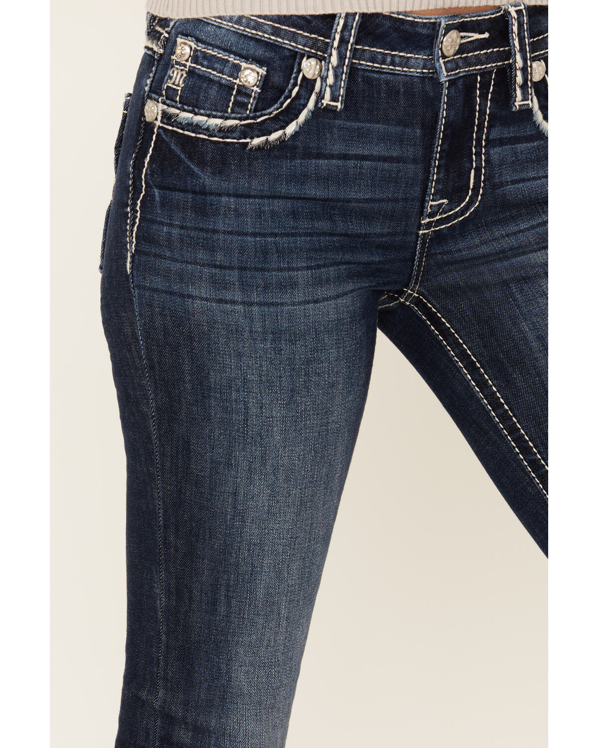 Miss Me Women's Dark Wash Mid Rise Border Pocket Bootcut Stretch Denim Jeans