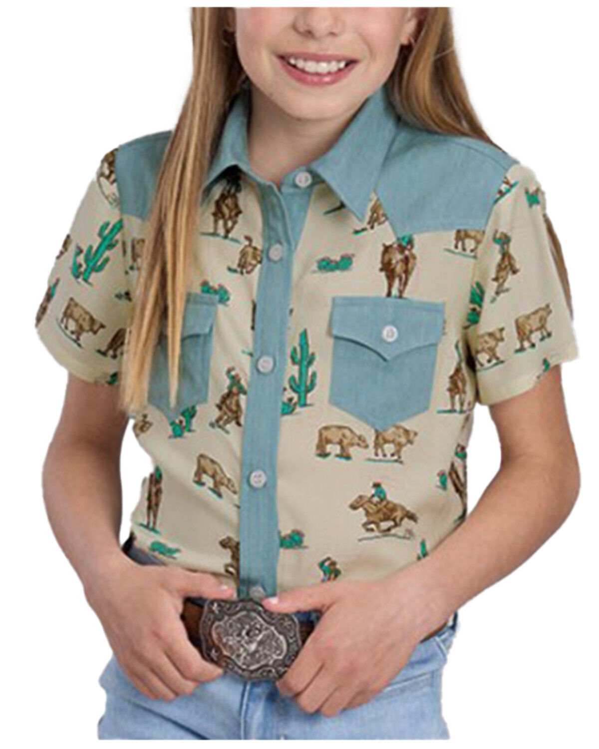 Roper Girls' Cow Print Denim Color Block Short Sleeve Button-Down Western Shirt
