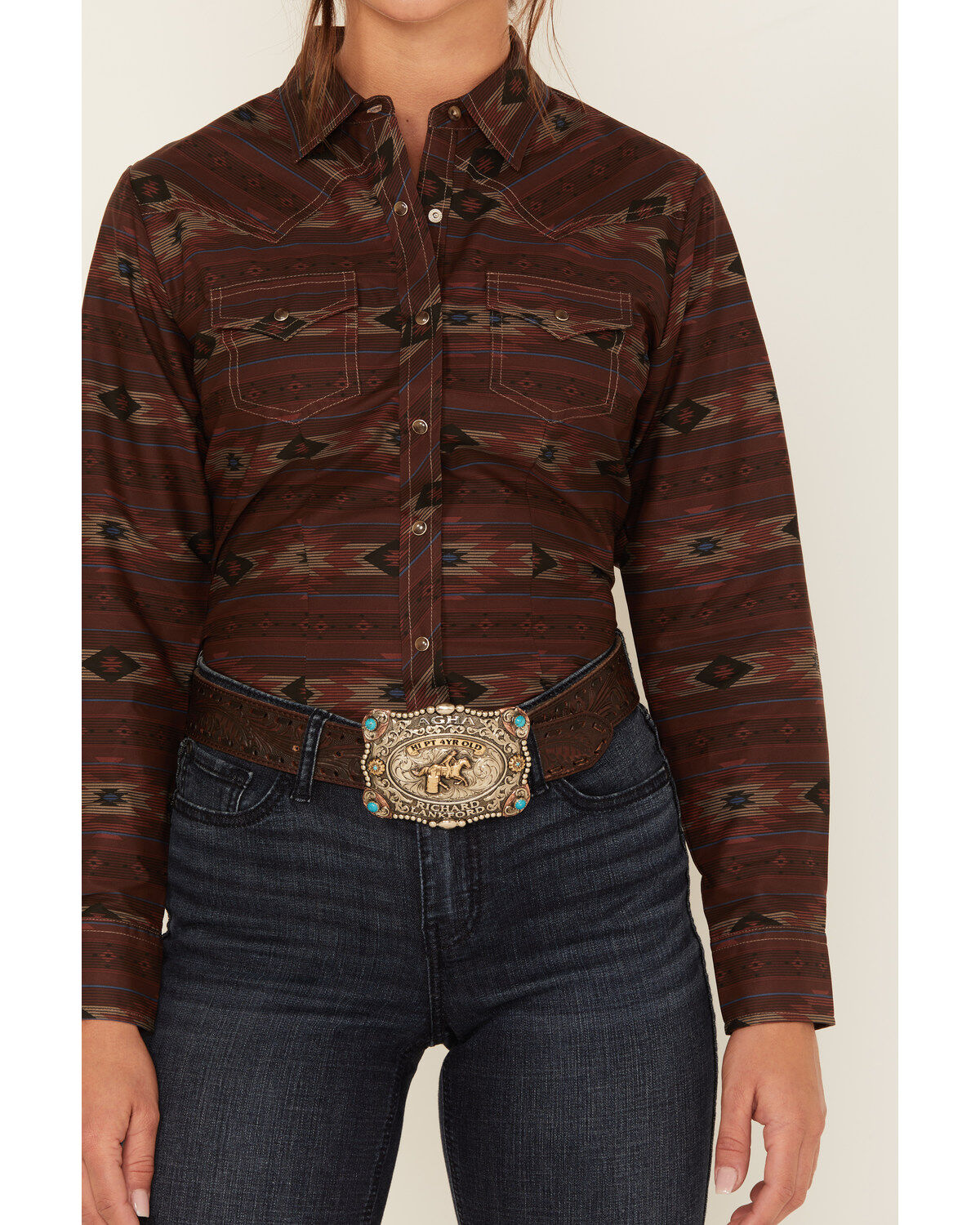 Cumberland Outfitters Women's Southwestern Stripe Print Long Sleeve Snap Western Shirt