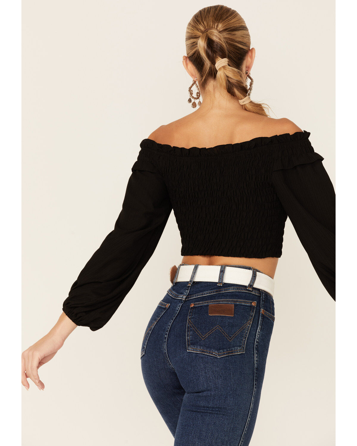 Flying Tomato Women's Solid Off The Shoulder Smocked Crop Long Sleeve Top