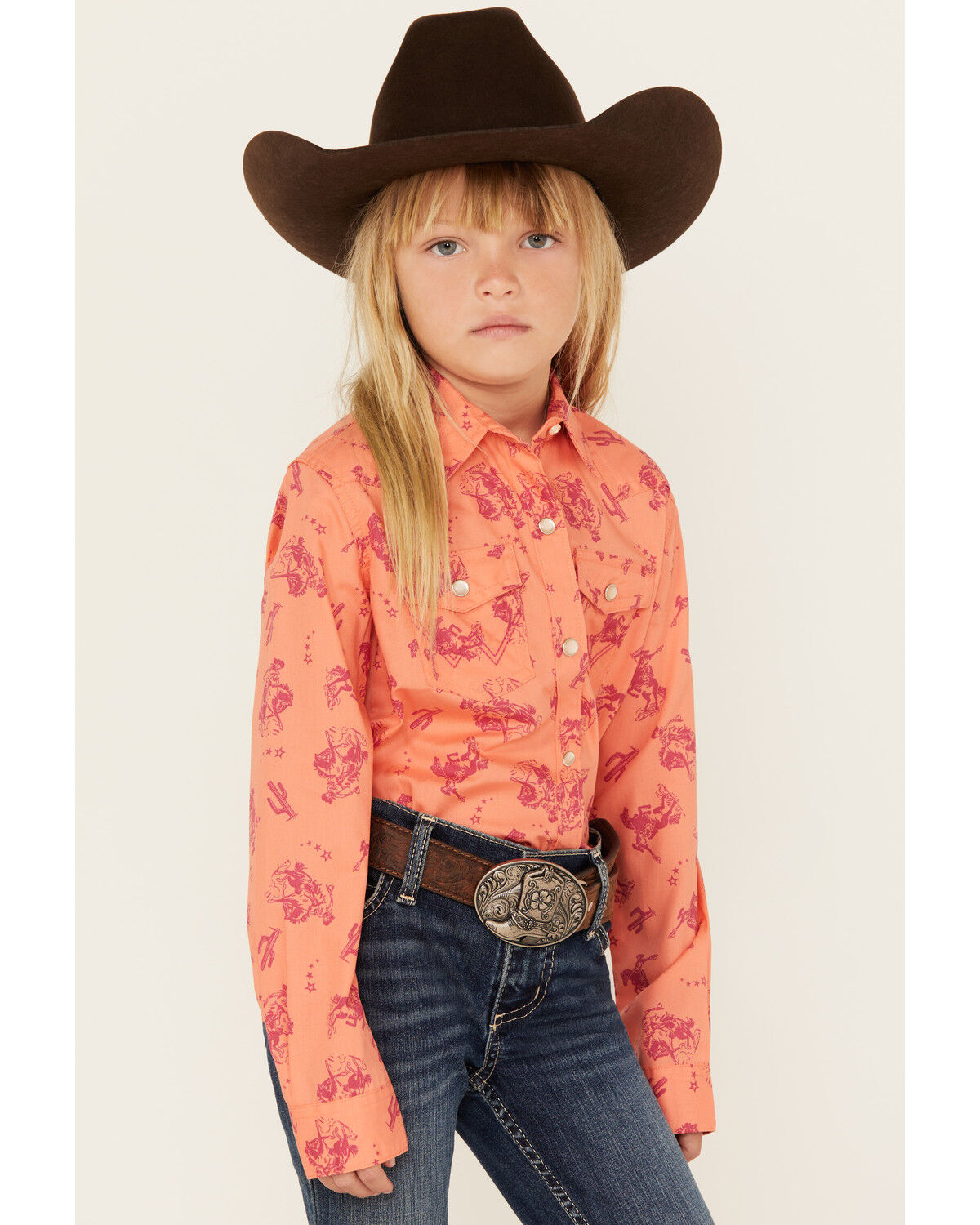 Wrangler Girls' Conversation Print Long Sleeve Pearl Snap Western Shirt