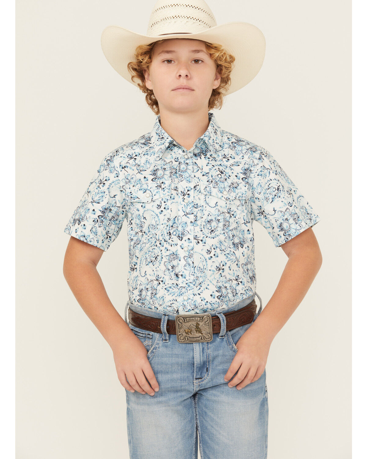 Cody James Boys' Frontier Threads Paisley Print Short Sleeve Snap Western Shirt