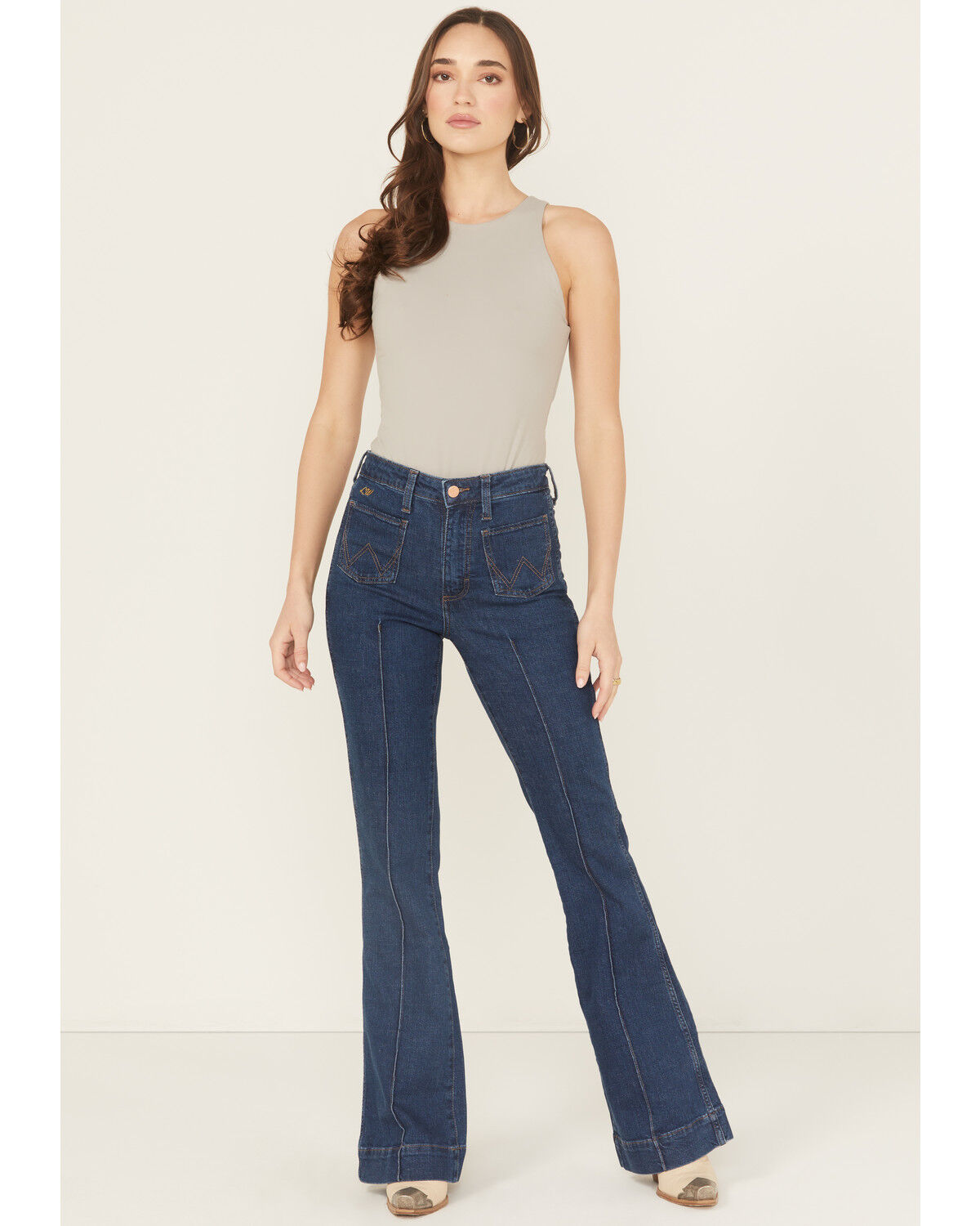 Wrangler X Lainey Wilson Women's Dark Wash High Rise Moonlight Bare Back Pintuck Flare Stretch Denim Jeans