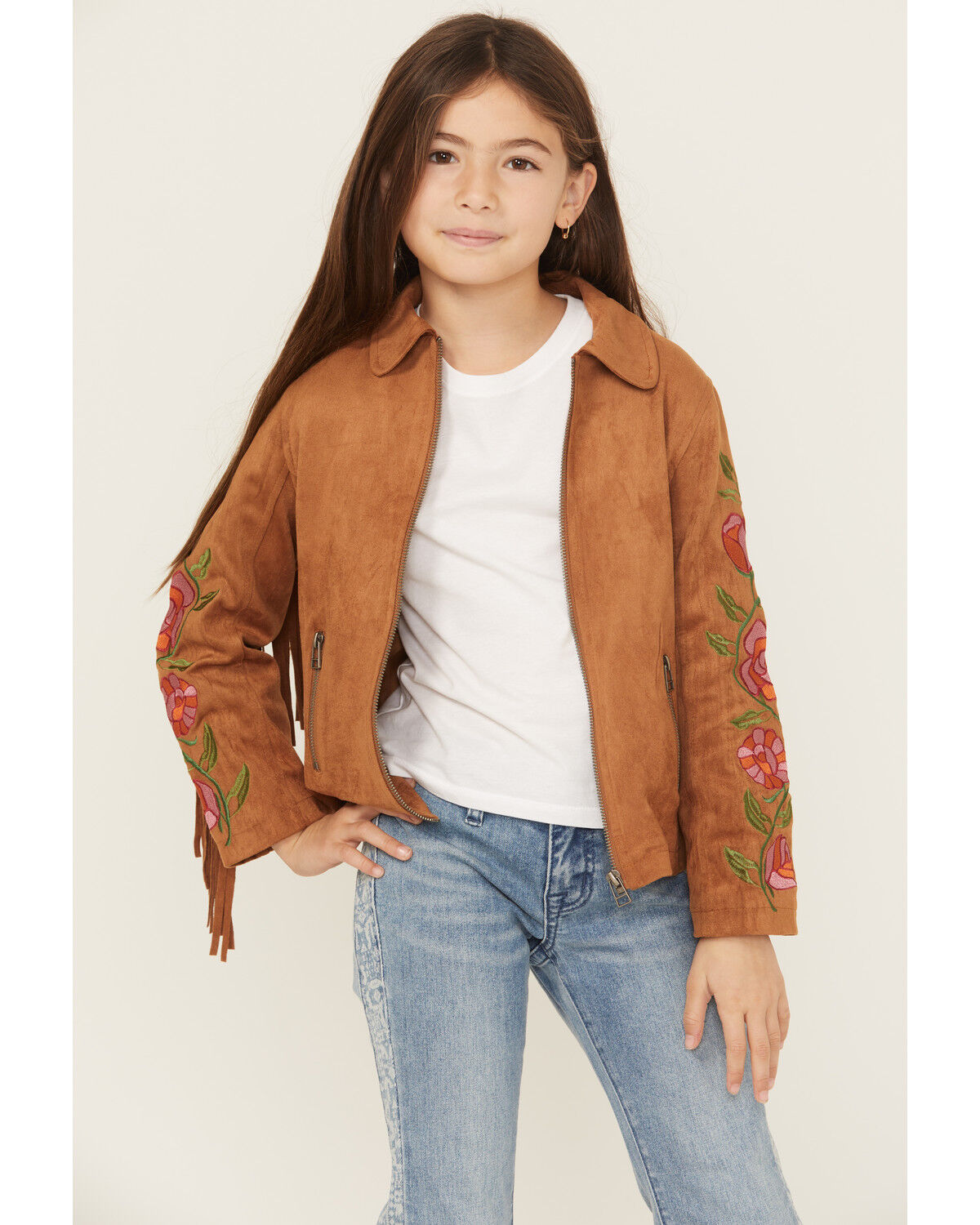 Fornia Girls' Floral Embroidered Fringe Jacket