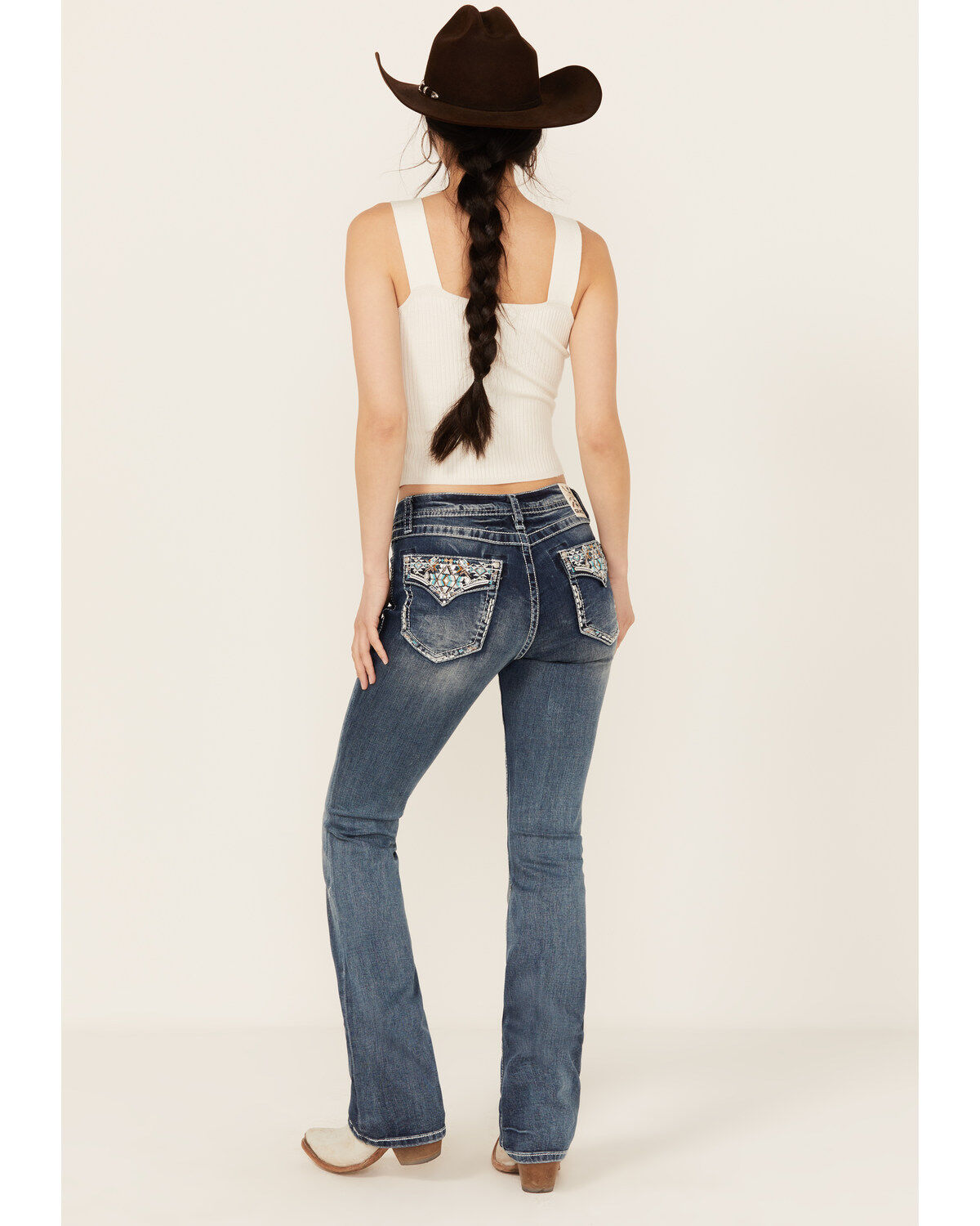 Grace In LA Women's Medium Wash Faux Flap Pocket Mid Rise Bootcut Stretch Denim Jeans