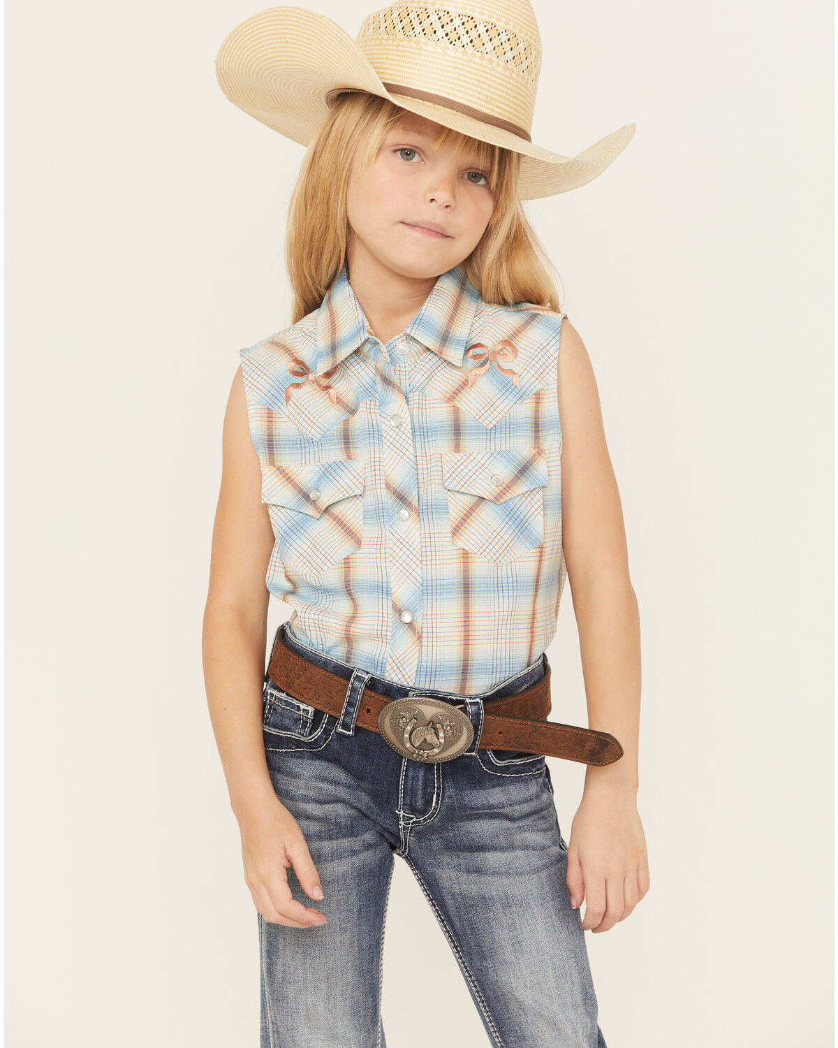 Ely Walker Girls' Plaid Print Sleeveless Snap Western Shirt