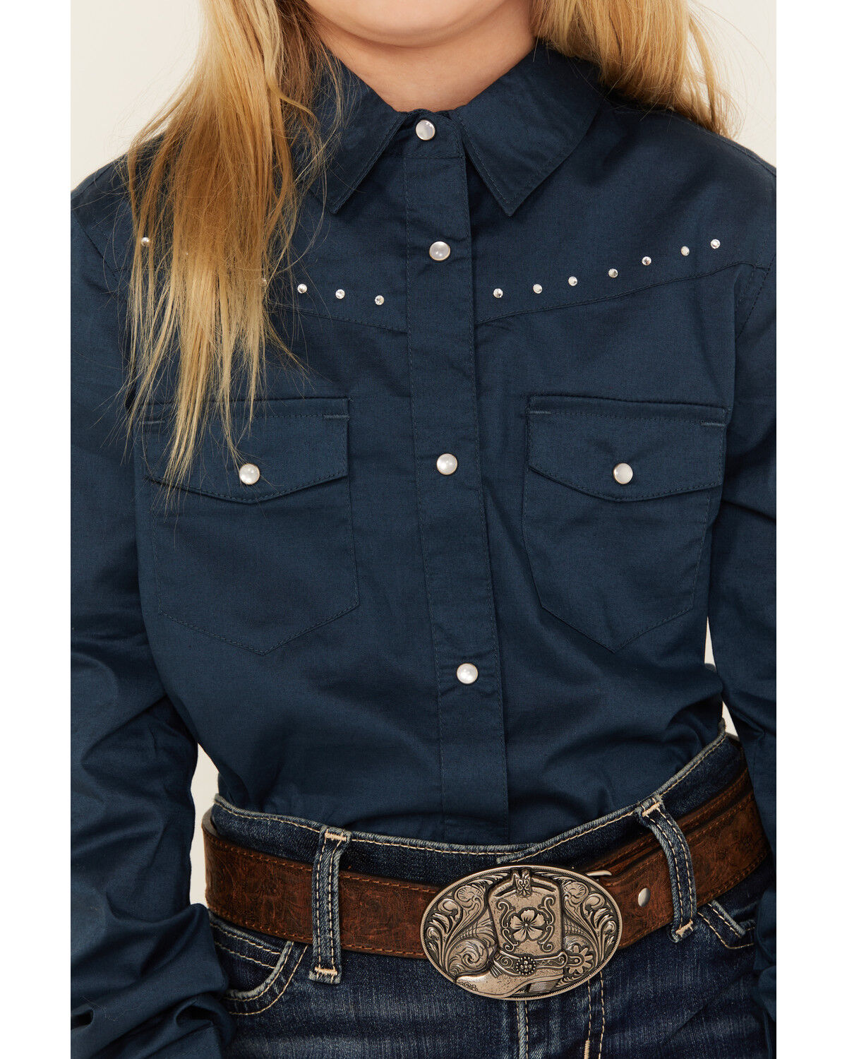 Shyanne Girls' Solid Rhinestone Long Sleeve Snap Stretch Western Shirt