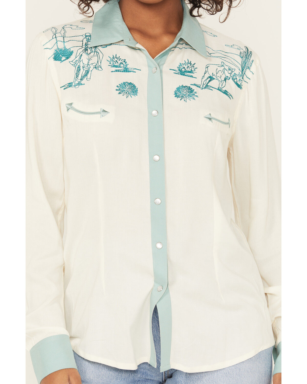 Panhandle Women's Retro Roping Cowgirl Embroidered Long Sleeve Pearl Snap Western Shirt