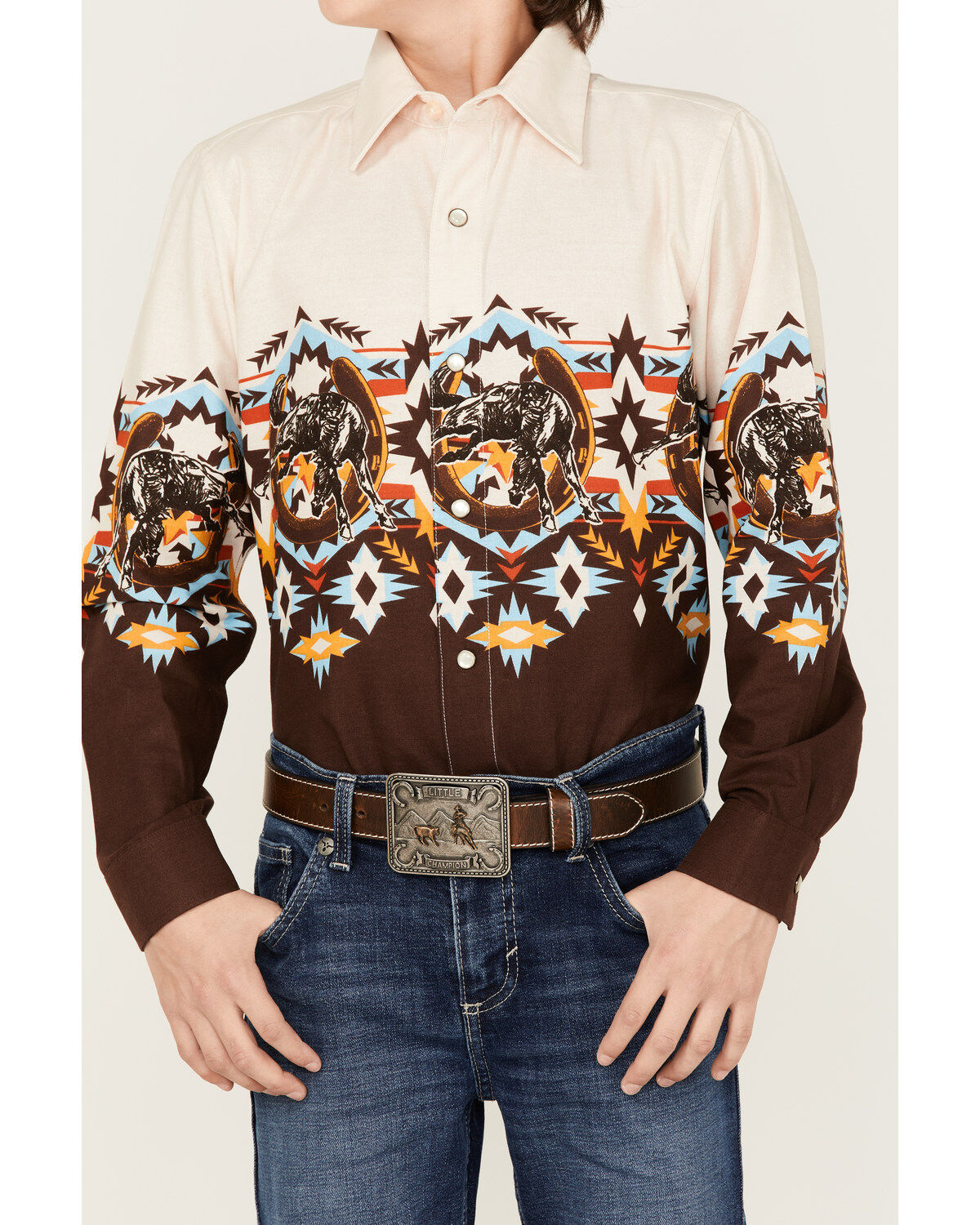 Panhandle Boys' Southwestern Border Print Long Sleeve Snap Shirt