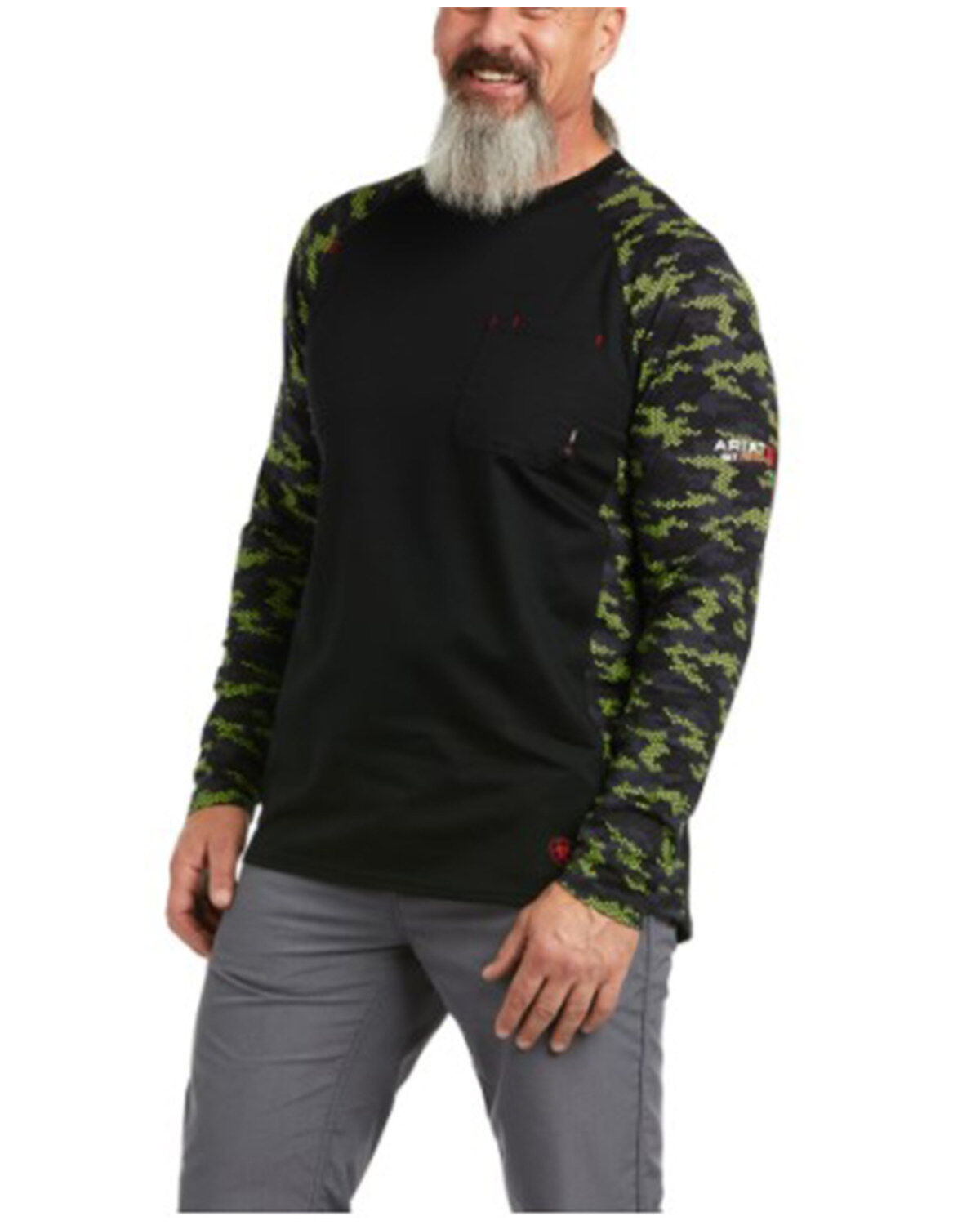 Ariat Men's Black & Lime Camo FR Stretch Long Sleeve Baseball Work T-Shirt