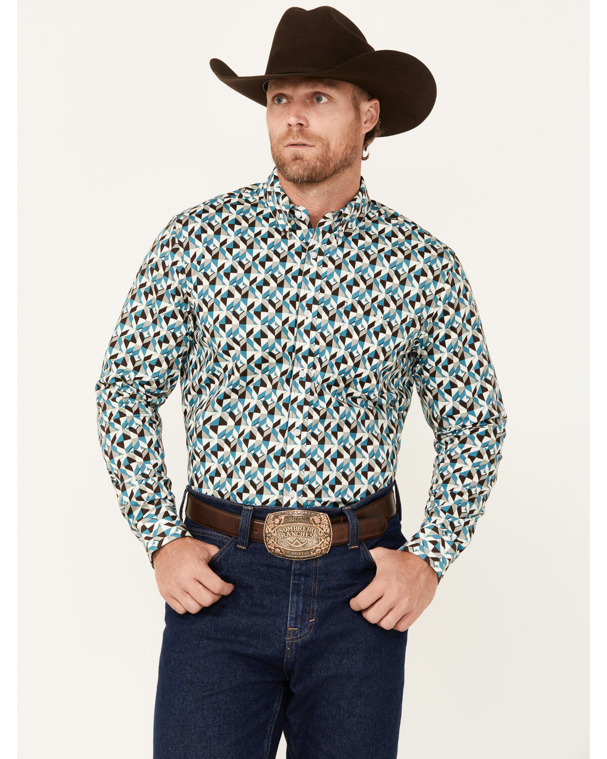 RANK 45® Men's Abstract Geo Print Long Sleeve Button-Down Shirt