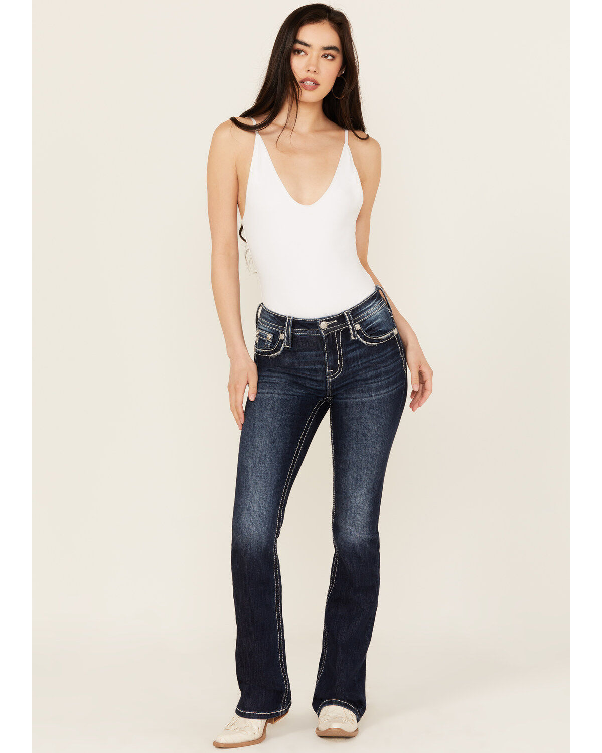 Miss Me Women's Dark Wash Mid Rise Bootcut Stretch Denim Jeans