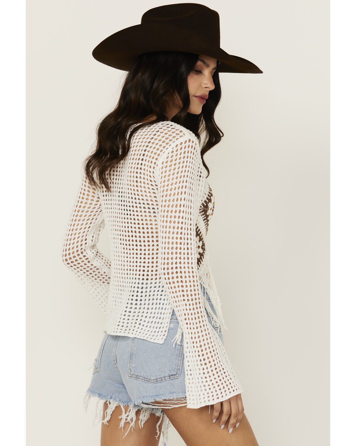 Wild Moss Women's Geo Print Crochet Long Sleeve Top