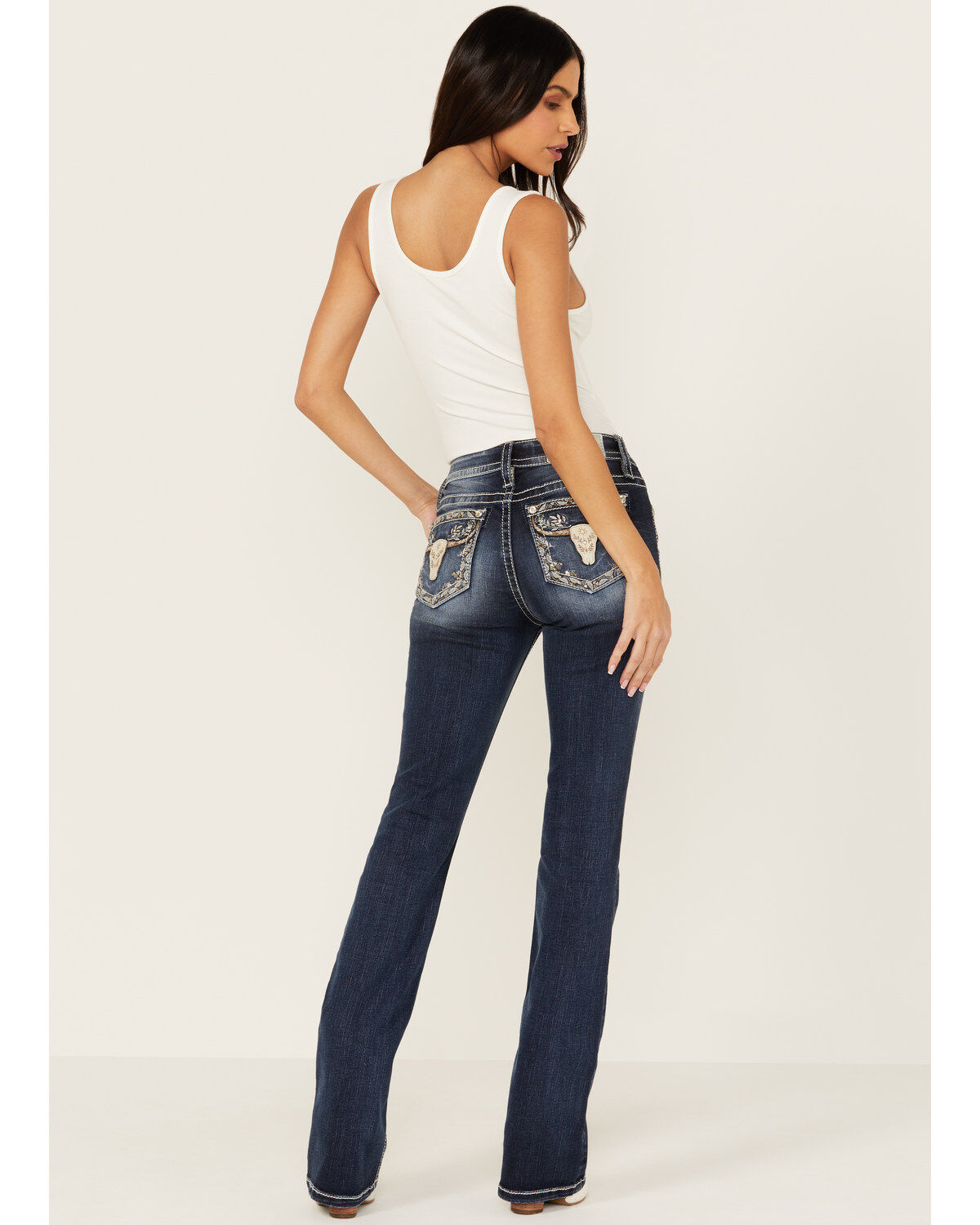 Miss Me Women's Dark Wash Mid Rise Floral Longhorn Pocket Bootcut Stretch Denim Jeans
