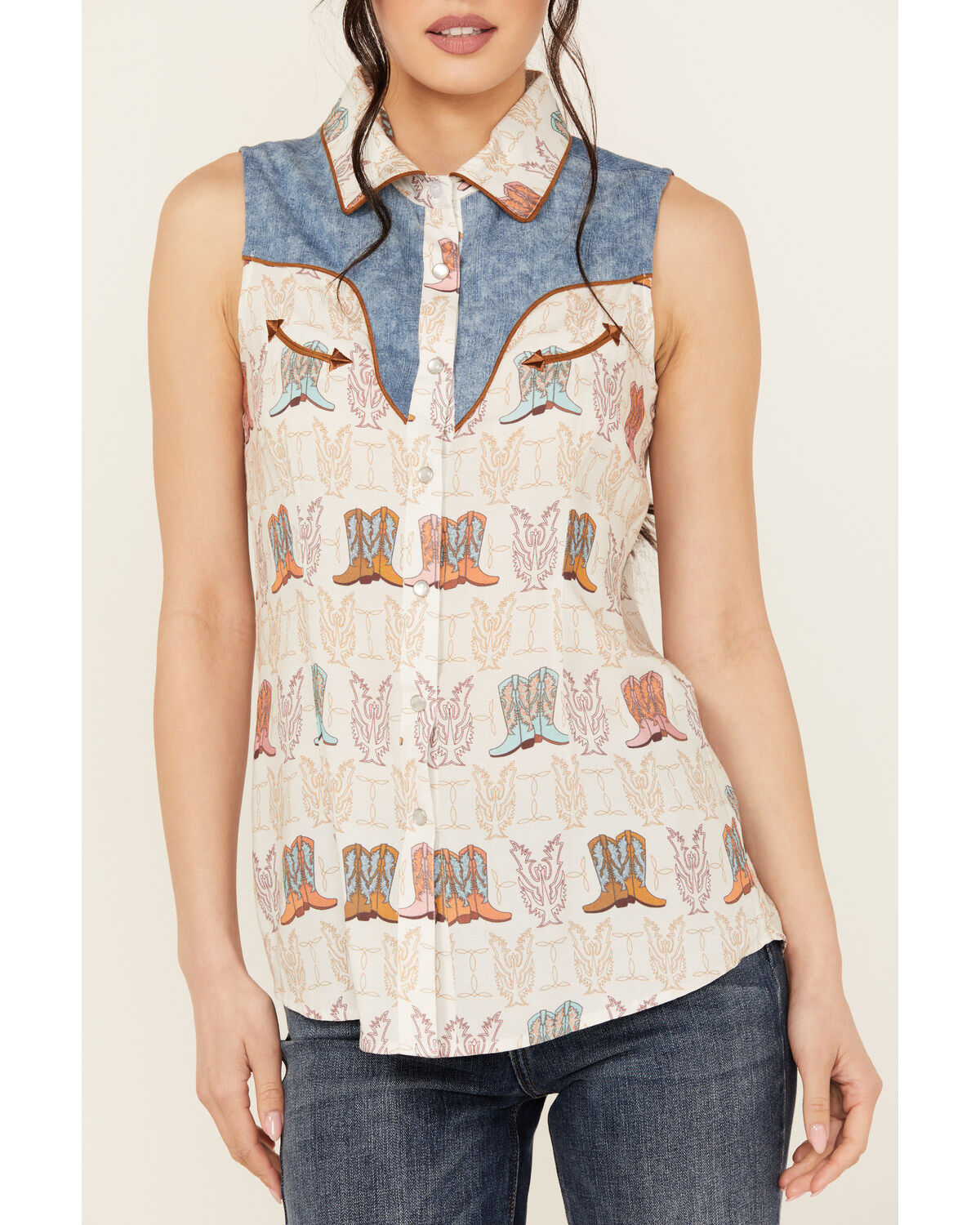 Panhandle Women's Boot Print Sleeveless Pearl Snap Western Shirt