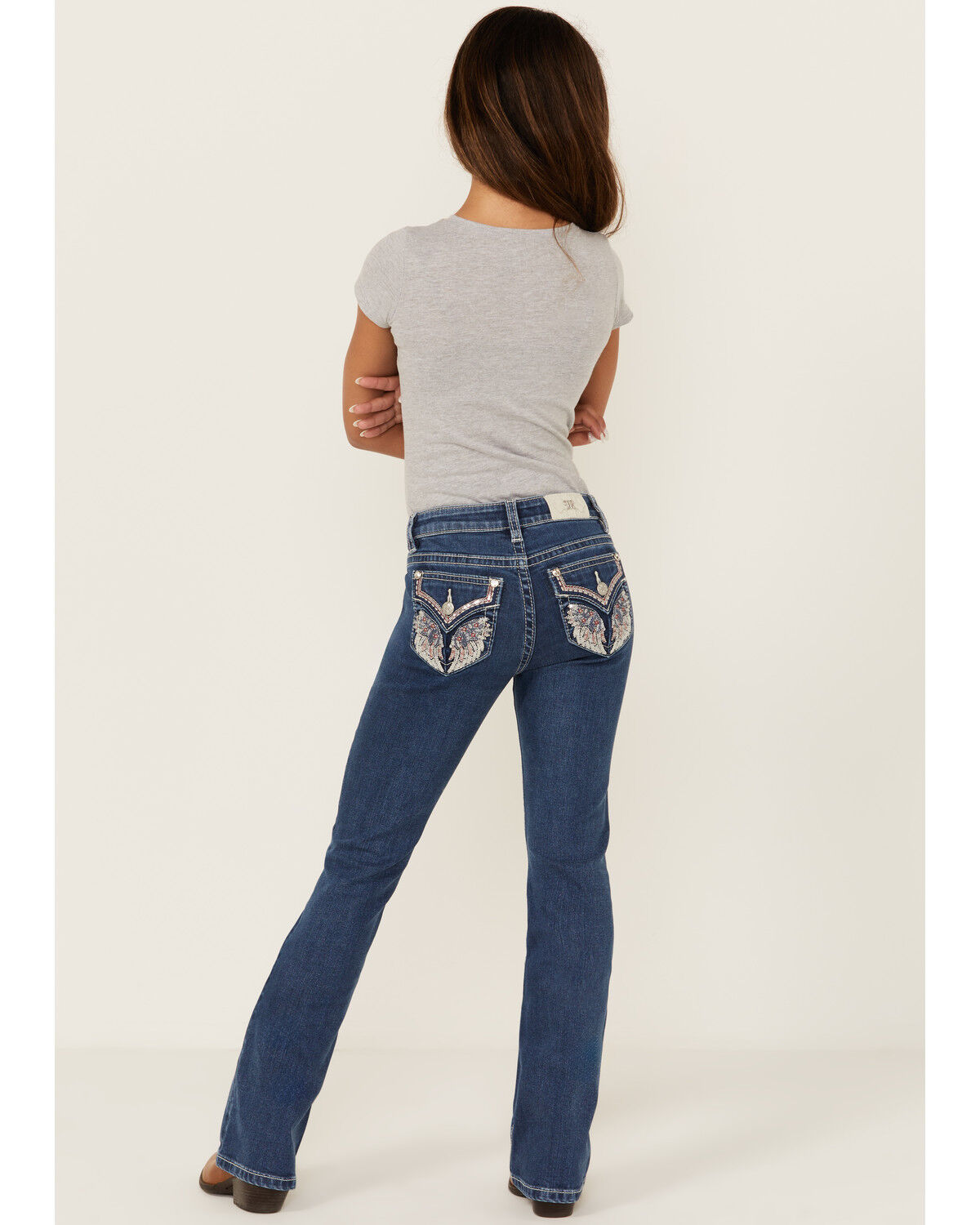 Miss Me Girls' Dark Wash Americana Wing Faux Flap Pocket Bootcut Stretch Denim Jeans